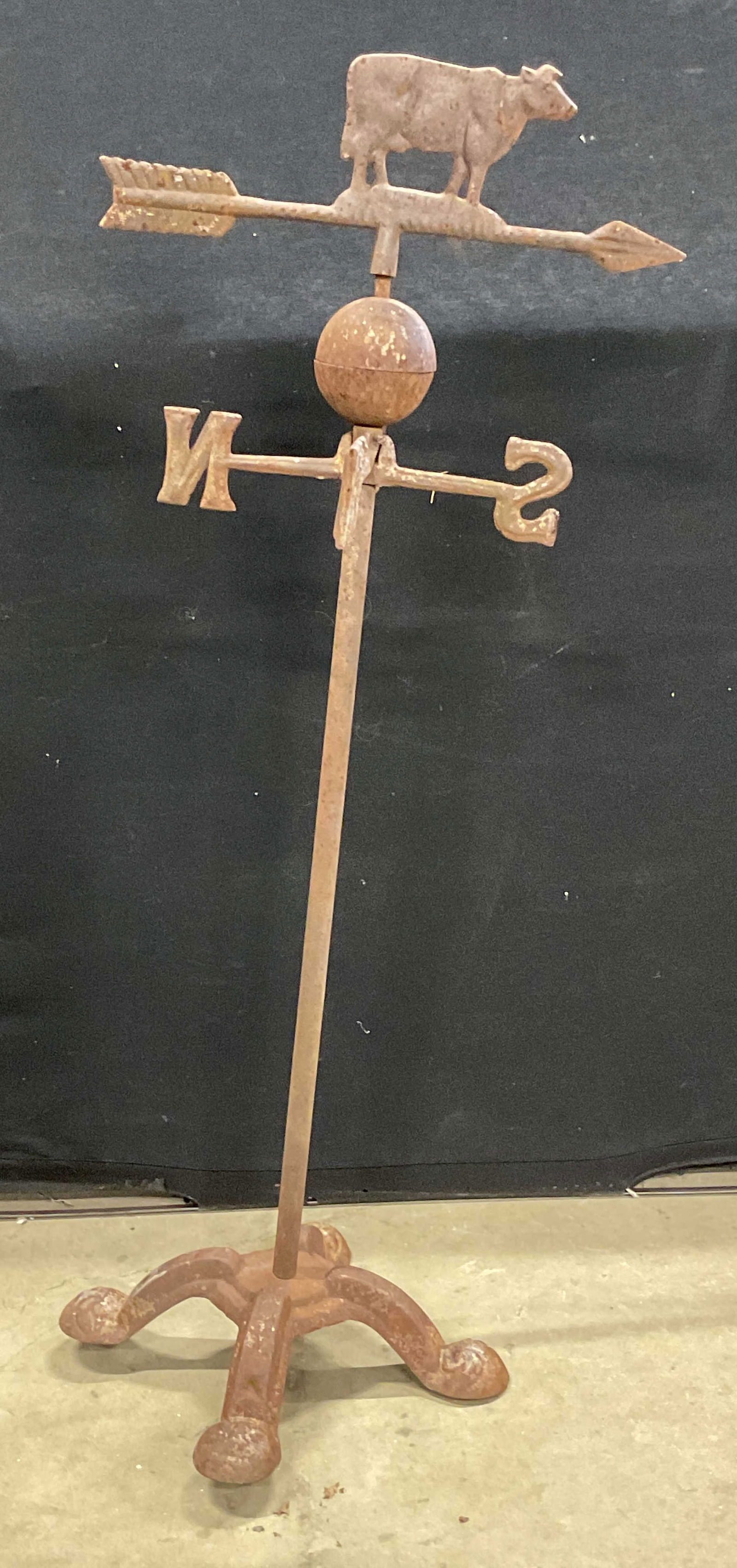Vintage Cast Iron Cow Weather Vane 37in: Vintage cast iron weather vane with cow finial. Measures approx. 13.5 x 15 x 37 inches. Wear including warping, patina, scratching. Weather vane, iron weather vane, cow weather vane, home decor, home