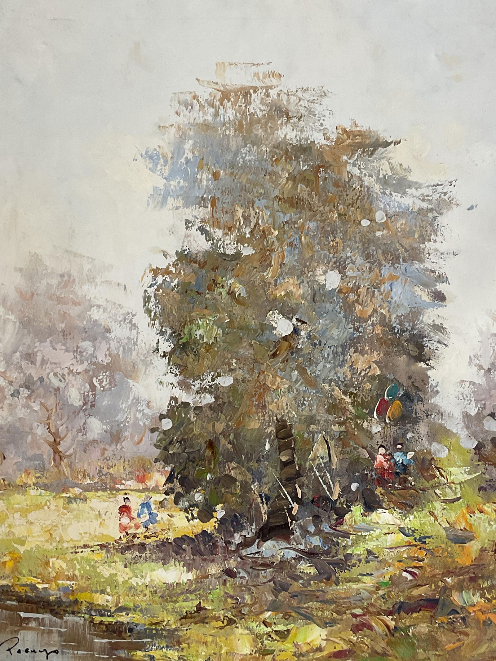 Signed Abstract Landscape Oil Painting: Oil on canvas painting. Signed illegibly at lower left. Abstract landscape with figures in green. Measures approx. 24 x 20 inches. Wear including marks, indents on canvas. Art, fine art, home decor, h