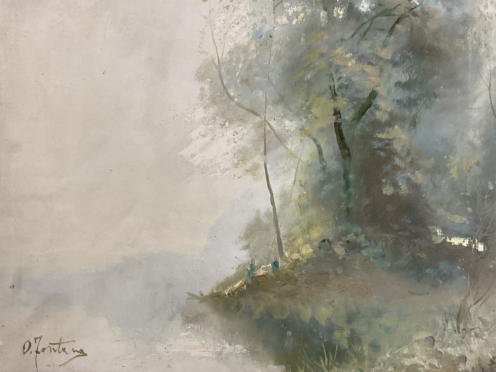 Signed Fontana Italian Landscape Oil Painting 2ft: Oil on canvas painting. Signed D Fontana, attributed to Daniele Fontana (Italian, 1900-1984). Abstract landscape in green. Stamped painted in Italy on verso. Measures approx. 20 x 24 inches. Wear incl