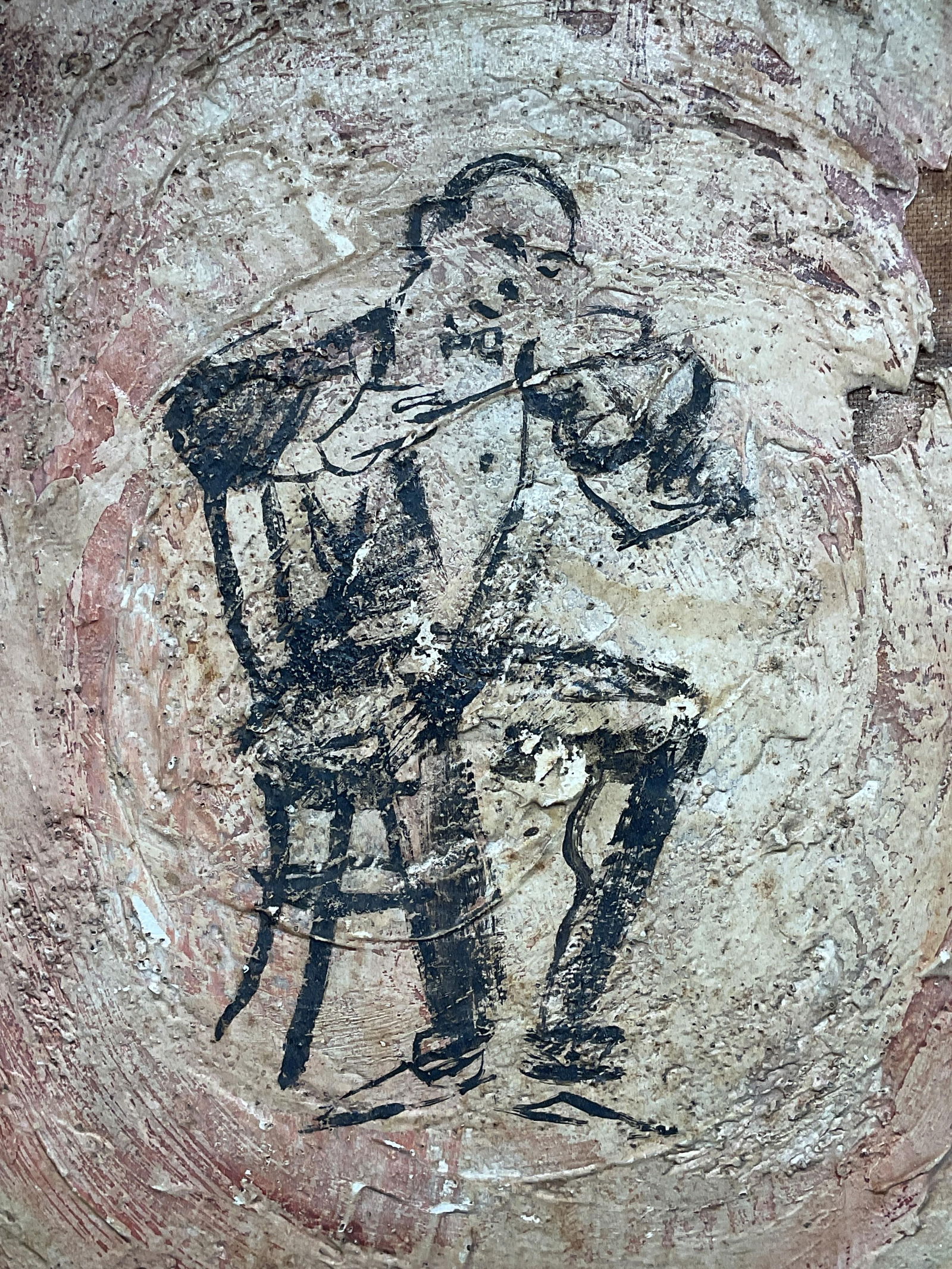 Framed Signed JPU Musician Oil Painting 21in: Framed textured oil painting on canvas. Signed J. P. U at lower left. Seated musician playing a string instrument. Wood frame. Not examined out of frame. Frame measures approx. 21.25 x 17.25 inches. W