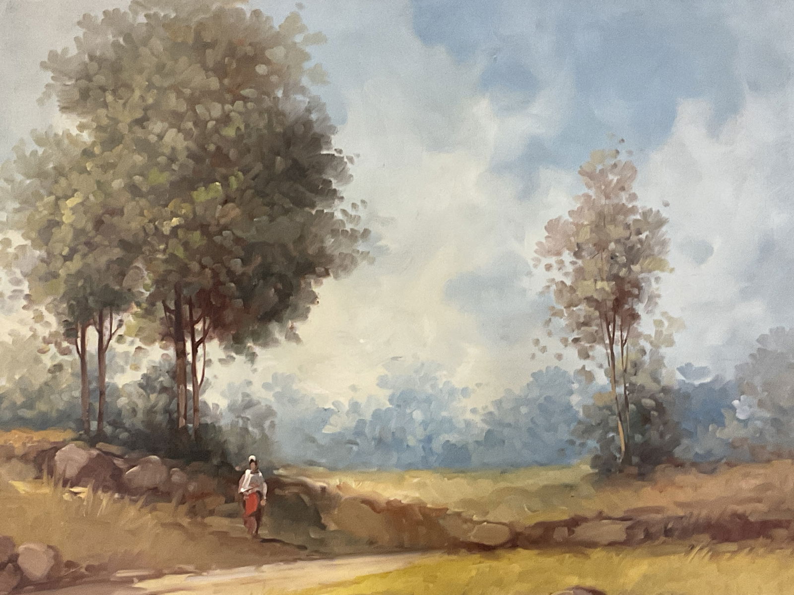 Signed J Della Selva Landscape Oil Painting 2ft: Oil on canvas painting. Signed J Della Selva at lower left. Landscape with figure in green and blue. Measures approx. 20 x 24 inches. Wear including marks, indents and some loss to pigments. Art, fine