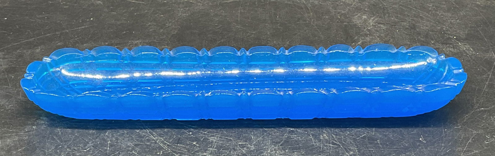 Antique Blue Opaline Glass Pin Tray: Antique circa 1880s blue appliance glass pin tray. Scalloped rim. Measures approx. 9.25 x 2.25 x 1 inches. Wear including hairline and scratching. Antiques, collectibles, home decor, home