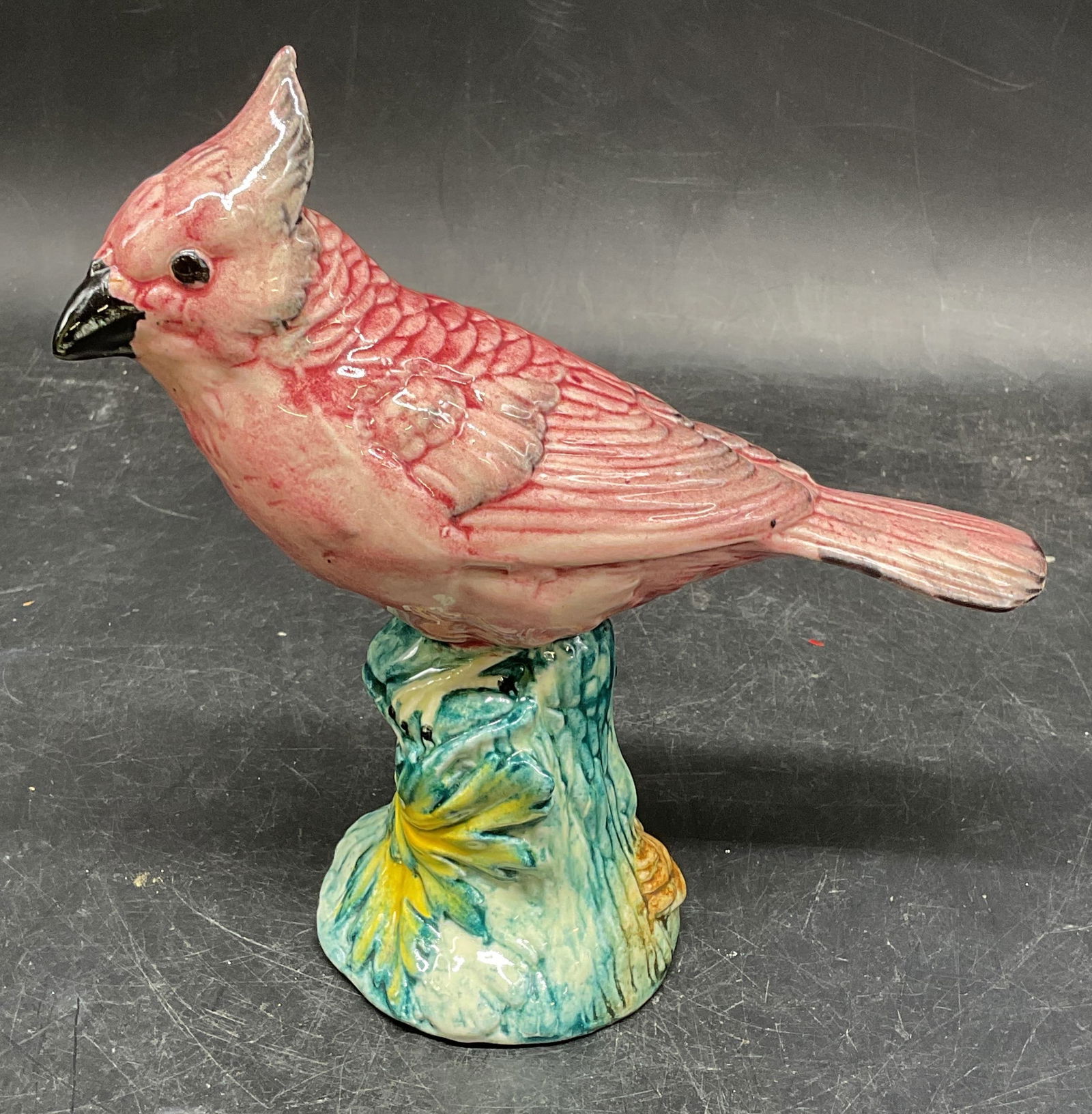 Stangl Pottery #3444 Pink Cockatoo Figurine: Vintage Stangl pottery pink cockatoo figurine. Hand painted. Signed. Numbered 3444. Measures approx. 6.75 x 2.75 x 6.5 inches. Some scratching and crazing. Stangl bird, Stangl figurine, bird figurine,