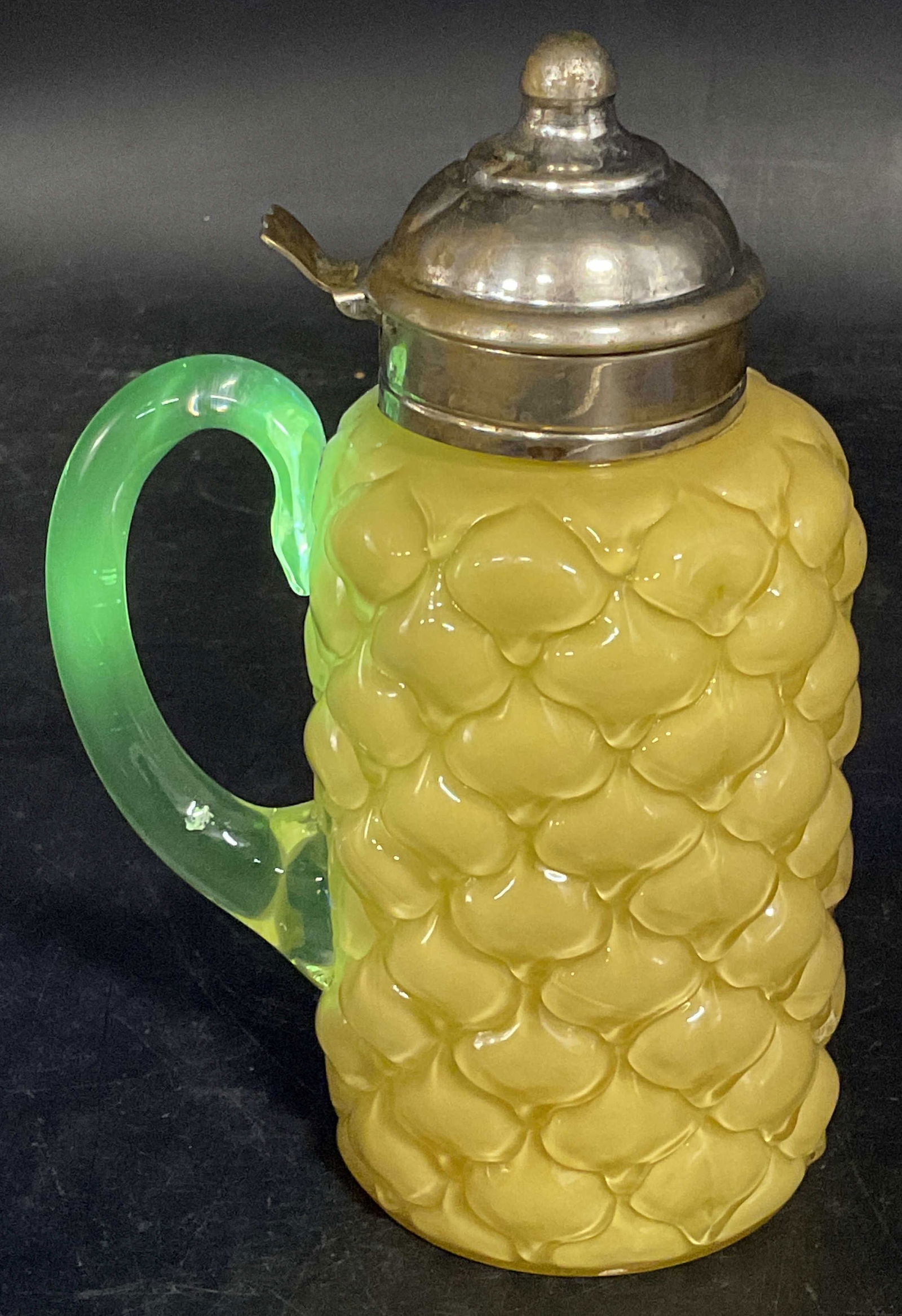 Antique Yellow Uranium Glass Syrup Pitcher: Antique yellow cased cone pattern glass shrub pitcher. Uranium glass, UV light reactive. Patent date 1882 on lid. Style of FOSTORIA, no signature or marking. Measures approx. 4.25 x 3 x 6.25 inches. W
