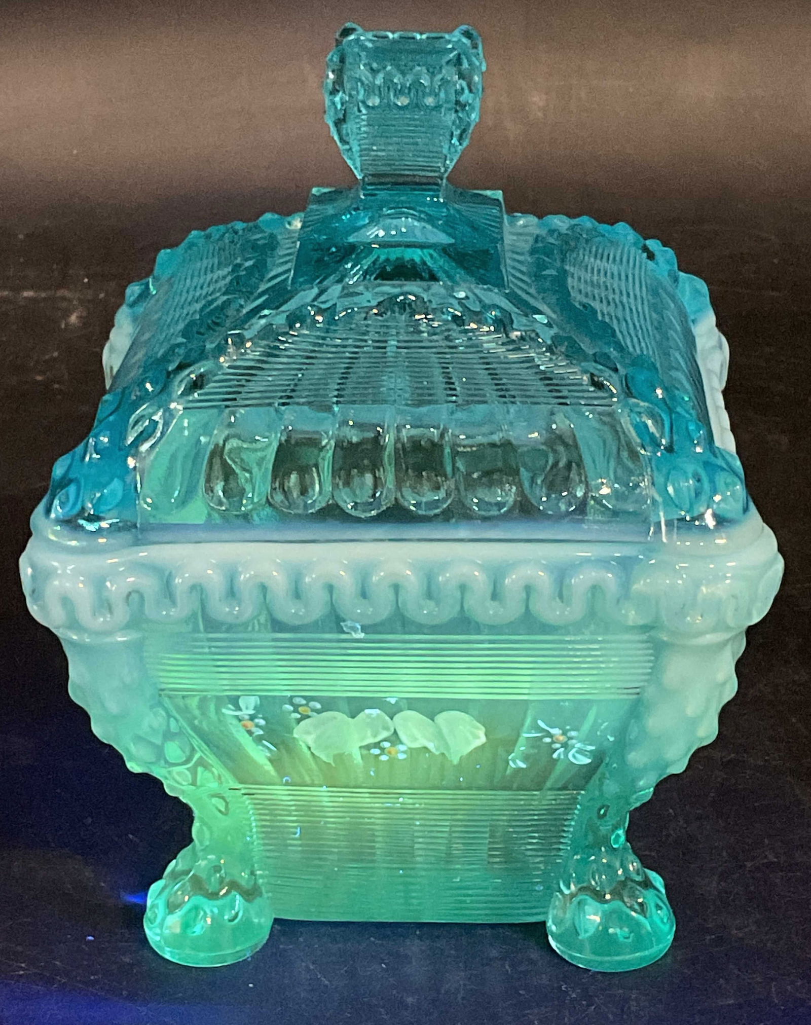 Antq Northwood Alaska Uranium Glass Sugar Bowl: Antique Northwood Alaska pattern lidded sugar bowl. Blue opalescent uranium glass. Glass is UV light reactive. Hand painted floral decoration. No signature or markings. Measures approx. 4.25 x 4.25 x