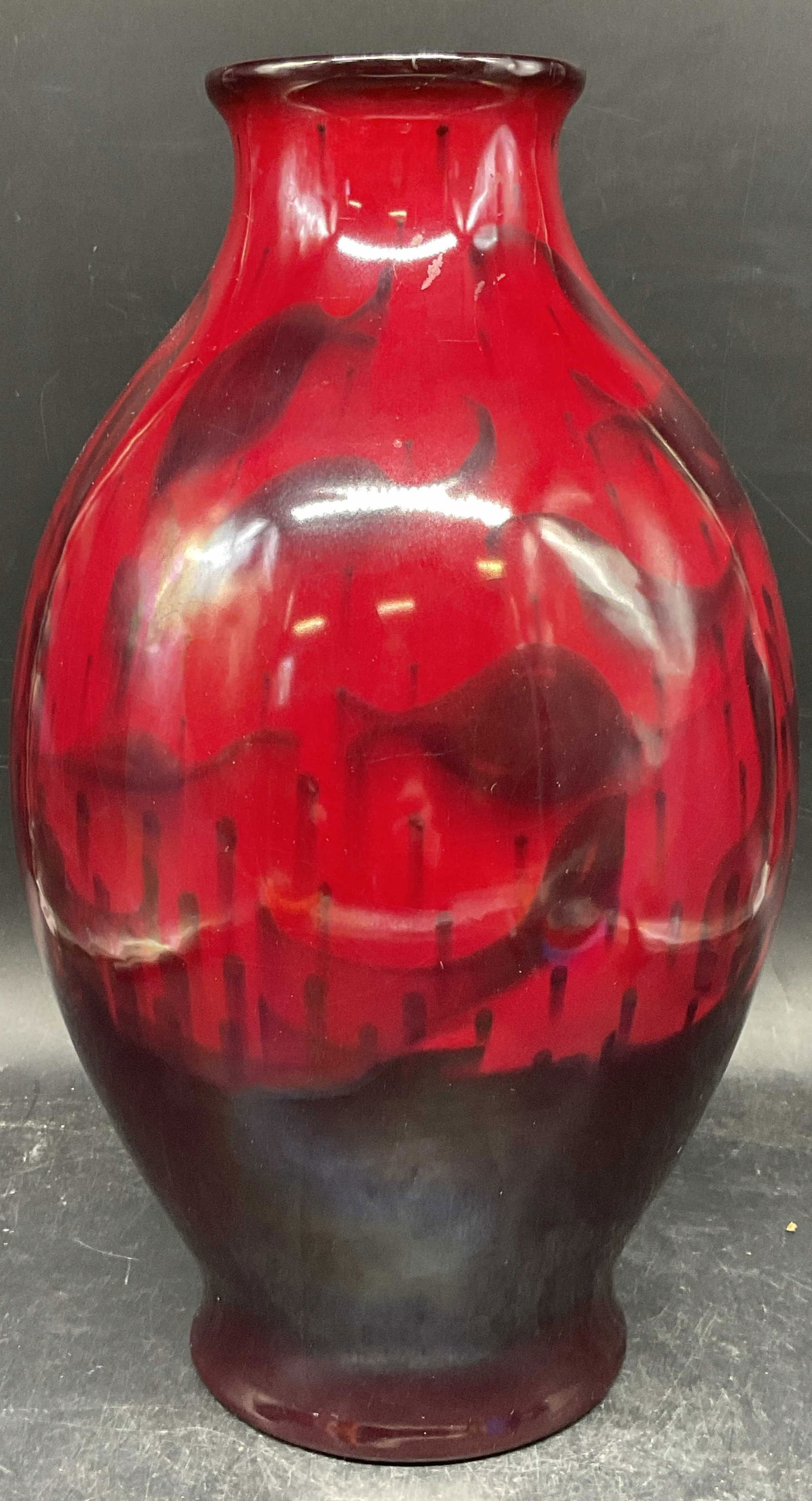 Vtg Gouda Holland Zenith Red Ceramic Vase: Vintage Gouda Zenith vase. Hand painted red and black with abstract botanical design. Signed. Made in Holland. Measures approx. 7 x 12.5 inches. Some scratching and crazing. Gouda vase, red vase, cera