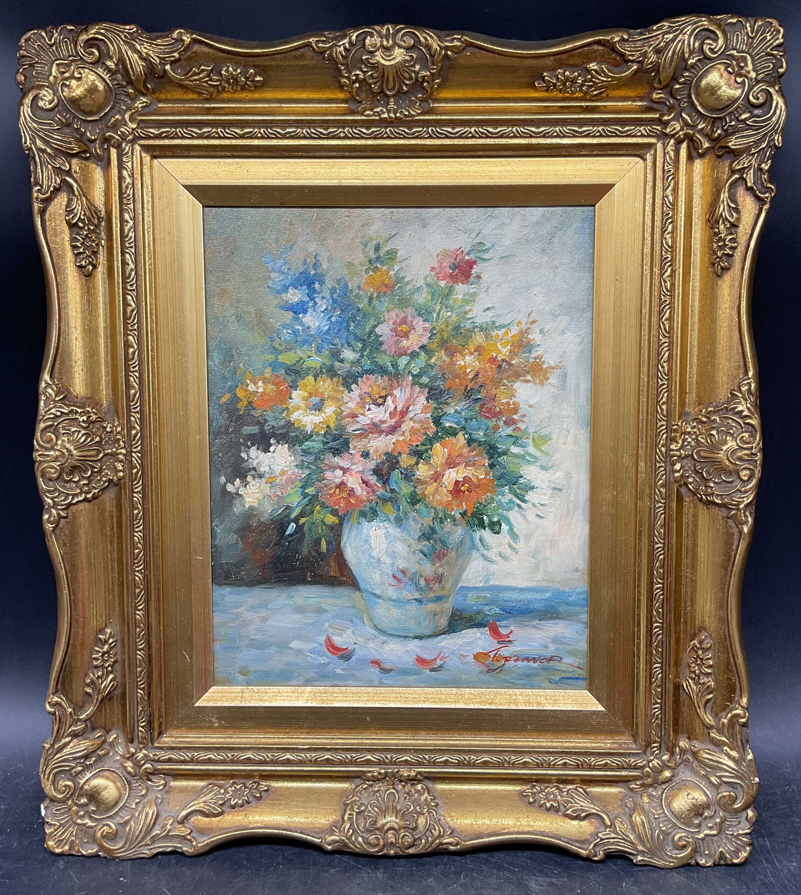 Framed Signed Still life with Flowers Oil Painting: Framed oil on board painting. Signed at lower right illegibly. Still life with vase of flowers. Ornate gilt wood frame. Not examined out of frame. Frame measures approx. 13.75 x 15.75 inches. Some wea