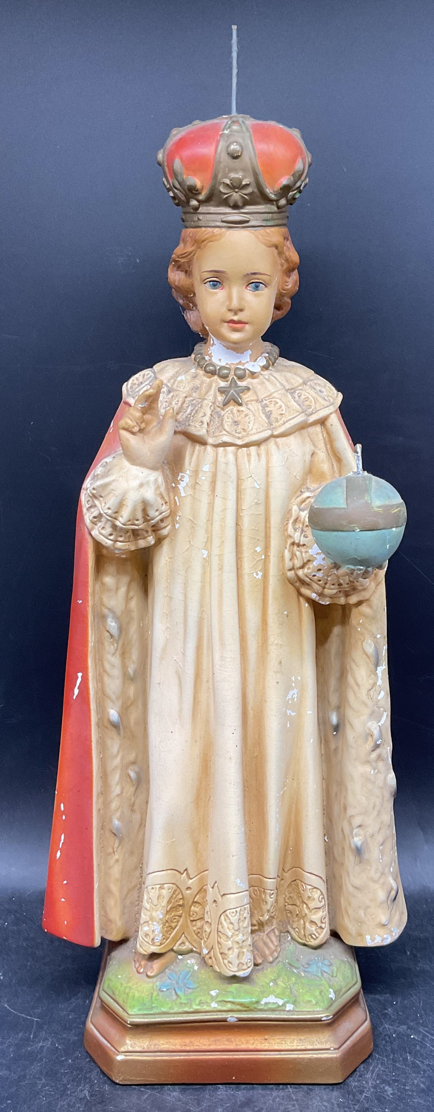 Infant Jesus of Prague Plaster Statue, 18In Tall: Vintage plaster statue depicting the Infant Jesus of Prague. Hand painted and gilt. Measures approx. 7 x 5 x 18 inches. Wear including scratching, small chips, loss to pigments. Infant Jesus of