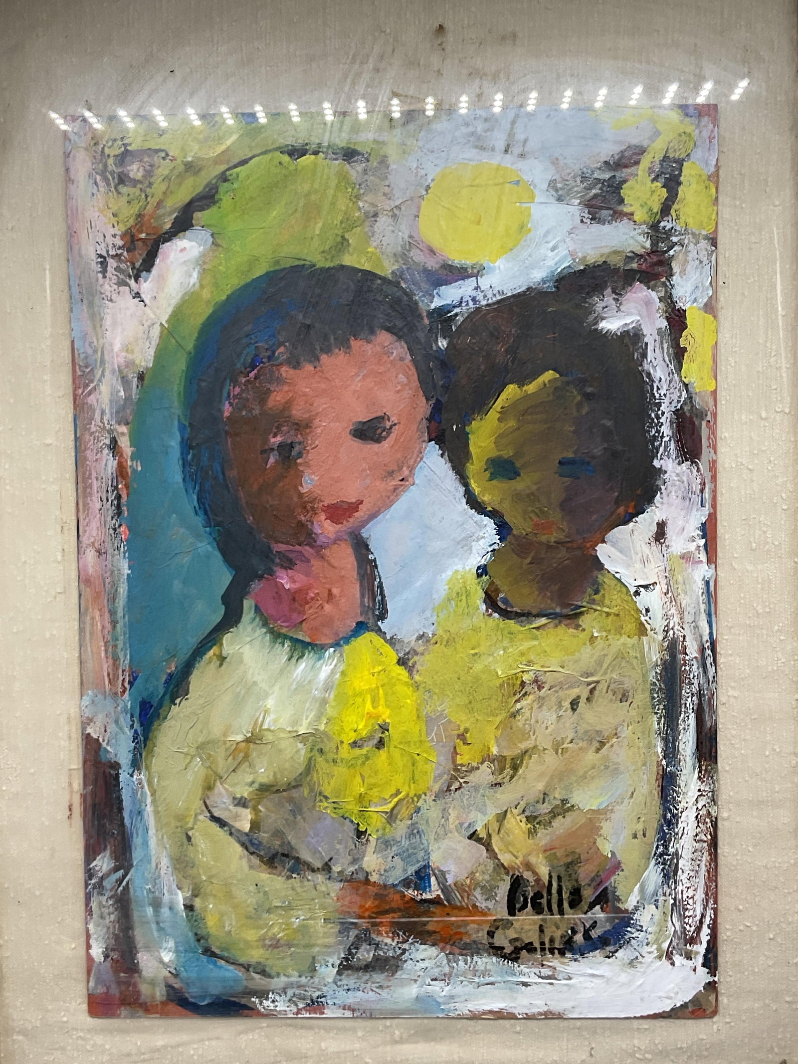 Signed Belle Golinko Two Women Oil Painting: Framed oil painting. Signed at lower right, Belle Golinko (American, 1899-1996). Abstract composition with two women. Gold tone metal frame. Not examined out of frame. Frame measures approx. 19.25 x 1