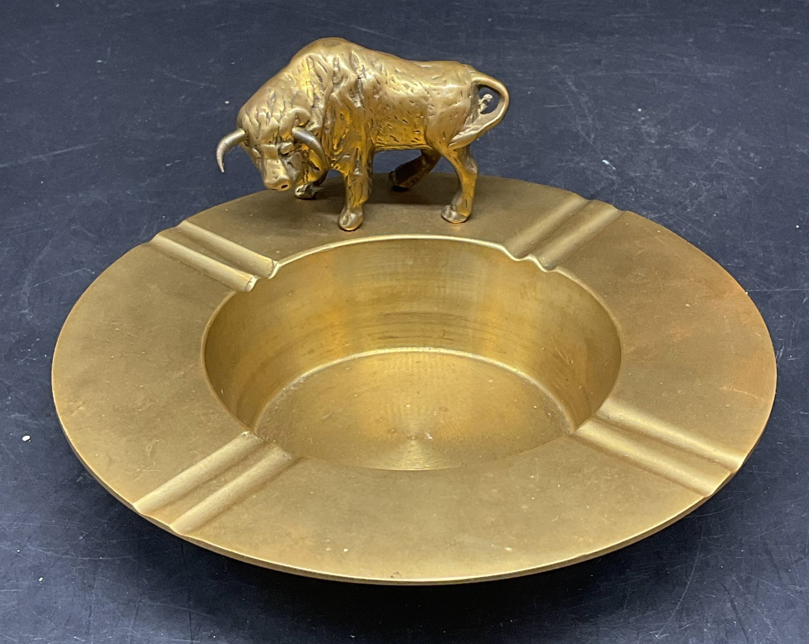 Vintage AM & A Brass Bull Ashtray: Vintage signed AM & A brass bull motif ashtray. Measures approx. 6 x 2.75 inches. Some scratching. Am and a ashtray, brass ashtray, bull ashtray, home decor, home accessories, table decor, table acces