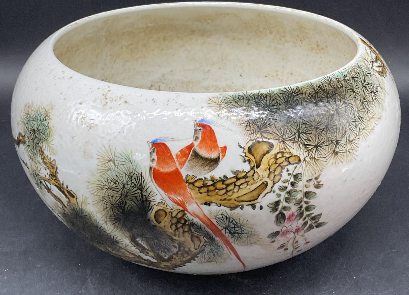 Signed Asian Porcelain Bird Calligraphy Planter: Signed Asian porcelain planter. Hand painted bird motif and calligraphy. Measures approx. 10 x 5.5 inches. Some scratching. Asian planter, bird planter, porcelain planter, collectibles, home decor, ho