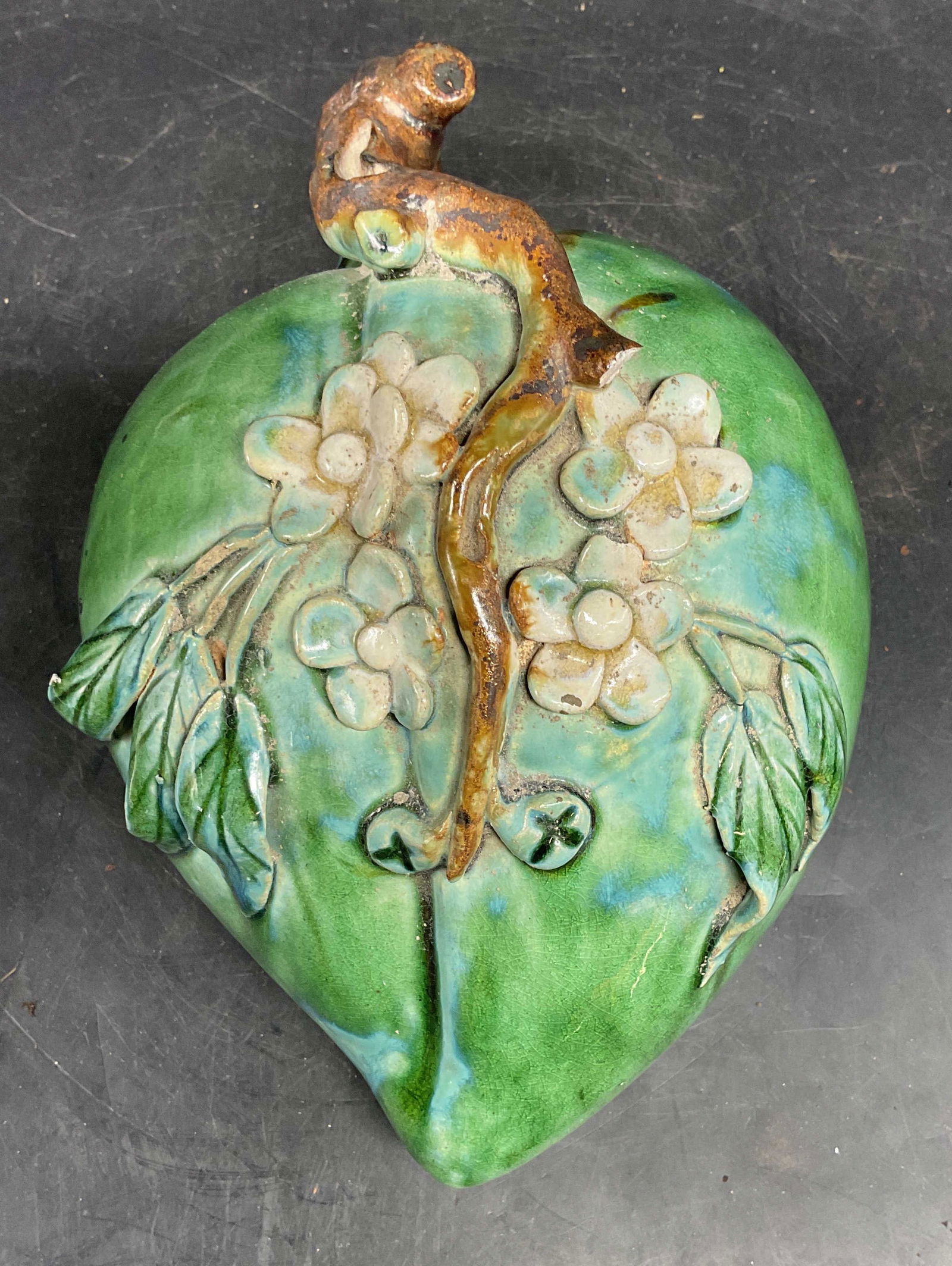 Vintage Asian Peach Flower Ceramic Decor: Vintage ceramic decorative object. Peach and flower motif. Hand glazed green and white. Measures approx. 8 x 5.5 x 5.5 inches. Wear including crazing and scratching. Chip on branch. Peach, Asian decor