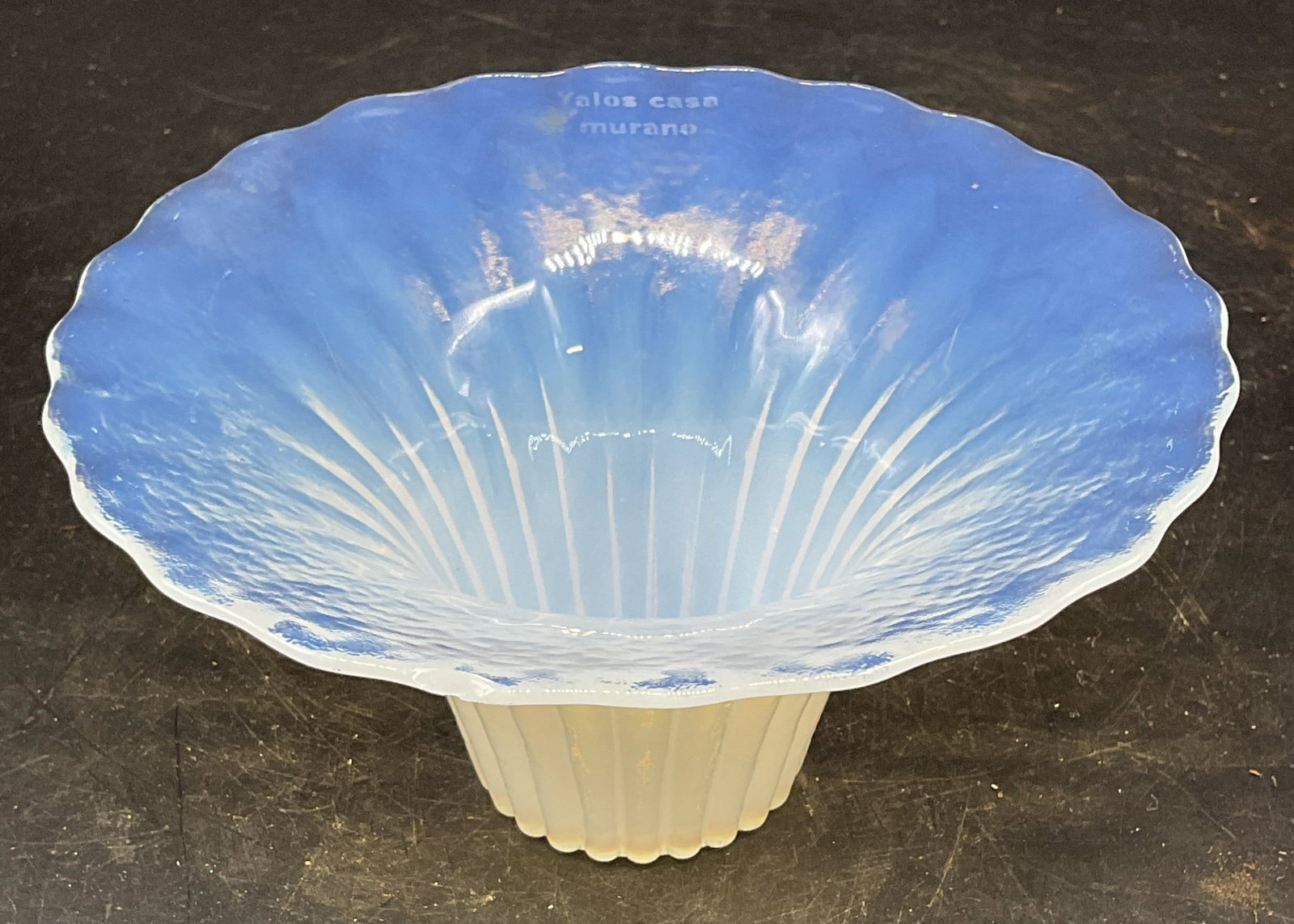Yalos Casa Murano Opalescent Glass Bowl Italy: Signed Yalos Casa Murano Art glass bowl. Ribbed fluted design. Opalescent white. Made in Italy. Measures approx. 5.5 x 2.75 inches. Some scratching. Yalls casa bowl, MURANO bowl, opalescent bowl, art
