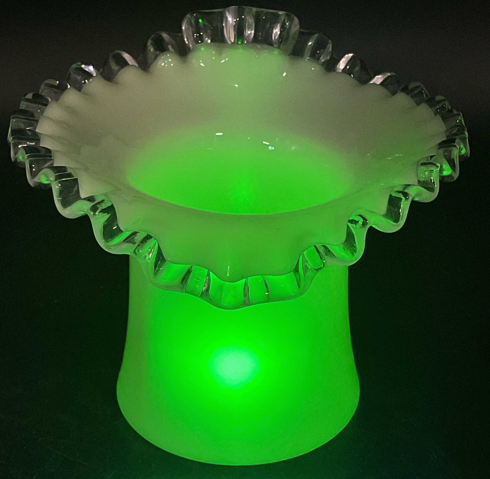 Vintage Fenton Crest Uranium Glass Vase: Vintage circa 1940s Fenton Crest pattern art glass vase. Custard glass with clear jack in the pulpit style crimped ruffle edge. Uranium glass. Glass is UV light reactive. No signature or markings obse