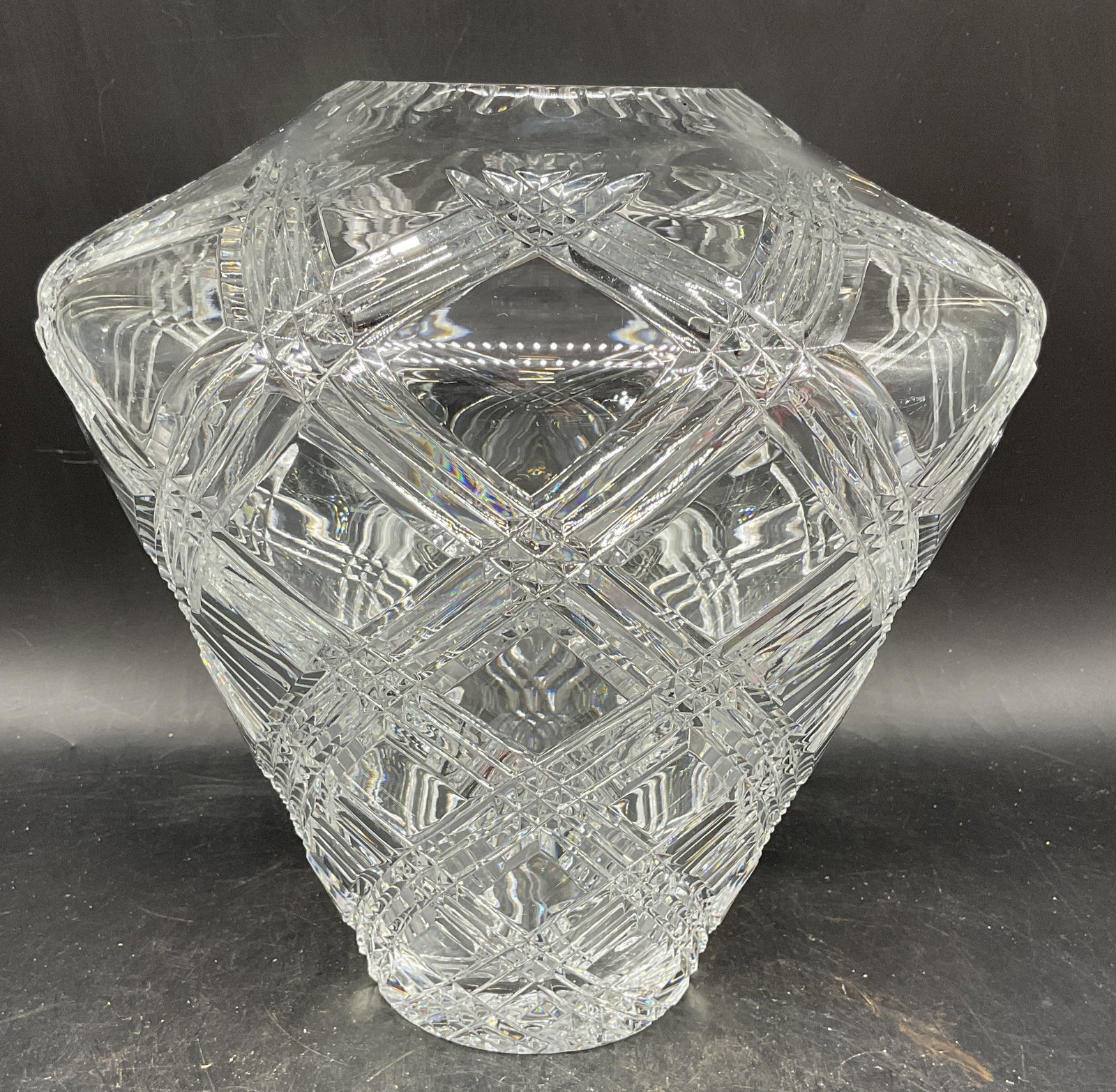 Vintage Diamond Cut Crystal Vase Poland: Vintage Diamond pattern cut crystal vase. Measures approx. 10 x 9.75 inches. Made in Poland. Vase has weight. Wear including scratching and small chips. Crystal vase, cut crystal vase, home decor, hom