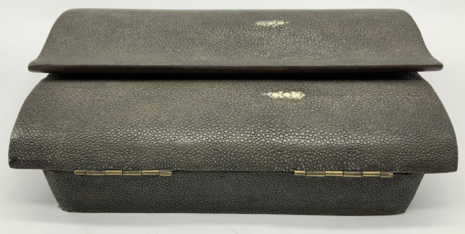 Vtg R&Y Augousti Shagreen & Wood Hinged Box FRANCE: Vintage stingray & wooden double hinged wooden box. Interior is black velvet lined. R&Y Augousti is a Paris-based luxury design brand founded in 1989 by Ria and Yiouri Augousti, renowned for creating