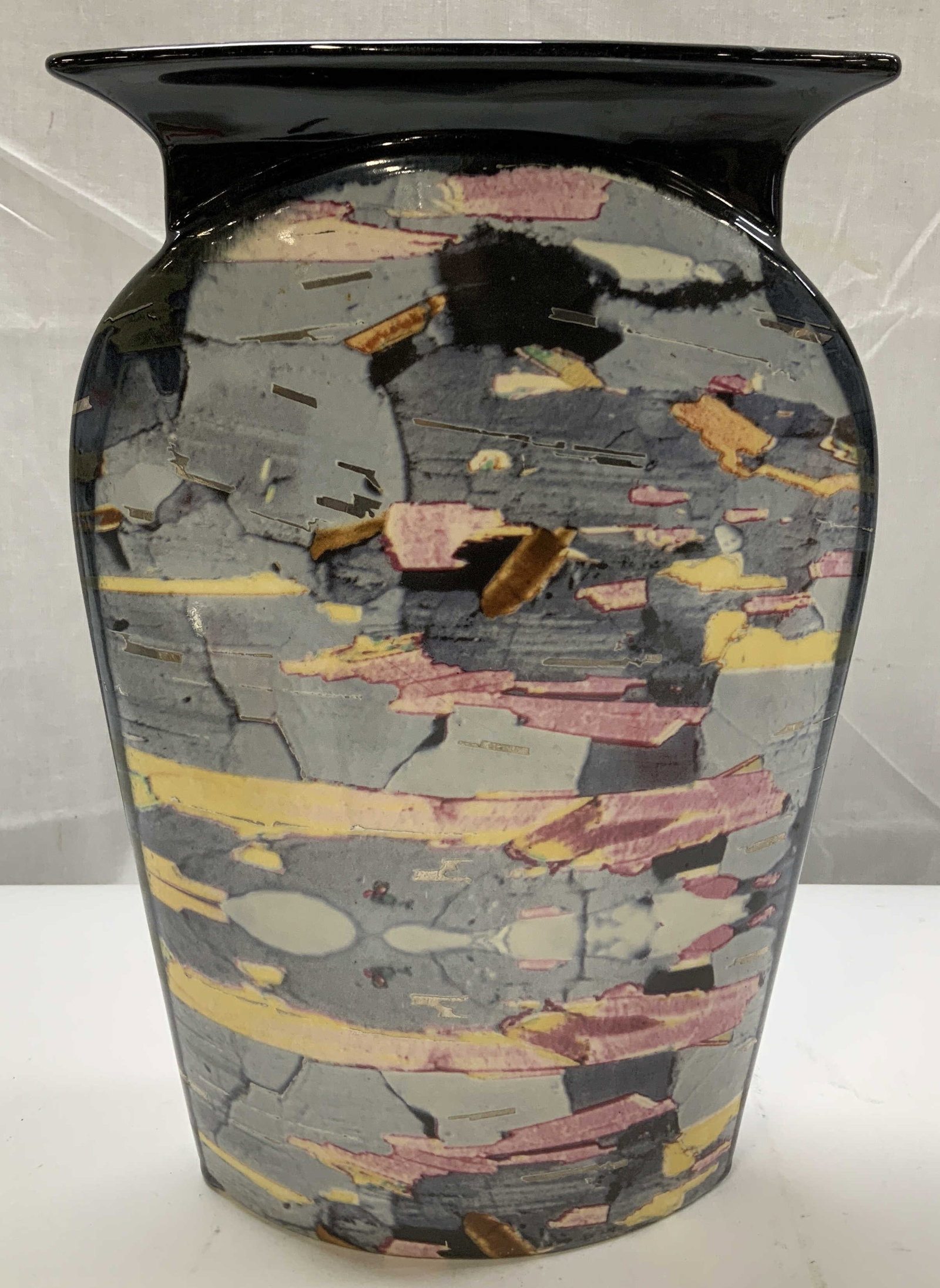 Vtg N.K. Abstract Porcelain Vase MEXICO: Vintage porcelain vase features an abstract design. Shades of blue, yellow, pink & brown. Signed & marked on underside. Reads, N.K. POECELANA. MADE IN MEXICO. Surface wear consistent to age, use & exp