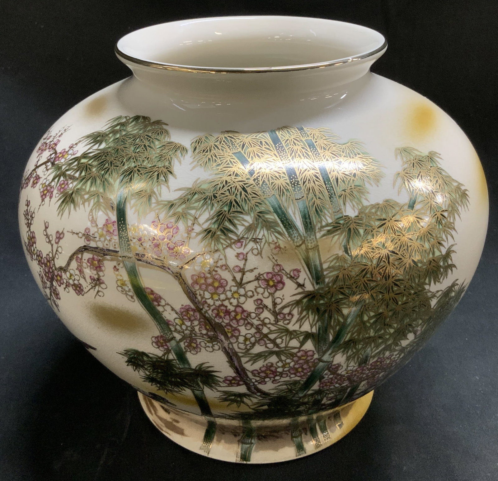 Sgnd Hand Painted Bamboo & Floral Porc Vase: Porcelain vase features hand painted bamboo, floral & bird motifs. Shades of pink, white, yellow, green, blue, red. Extensive gilt accents. Signed & marked on underside. Surface wear consistent to age