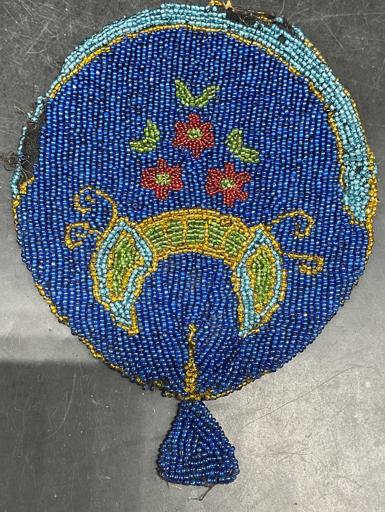 Antique Balloon Motif Hand Beaded Pouch: Antique hand beaded pouch. Balloon motif with decorative floral design. Measures approx. 7.5 x 5.5 inches. Wear including loss to beading, fraying, pulling. Antiques, collectibles, antique pouch,