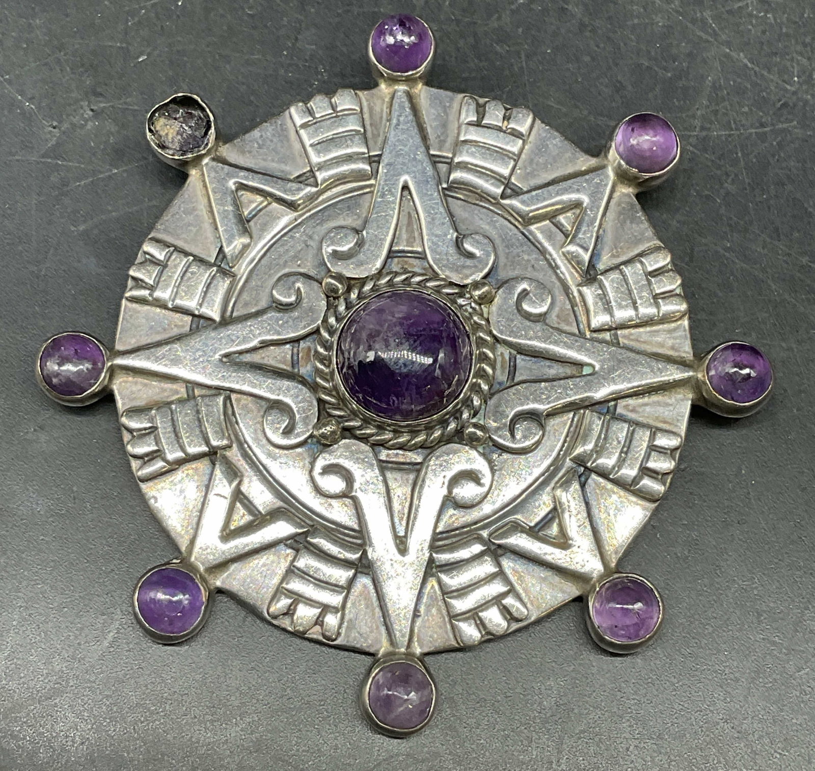 Signed Sterling Silver Amethyst Brooch, Mexico (1 of 6)