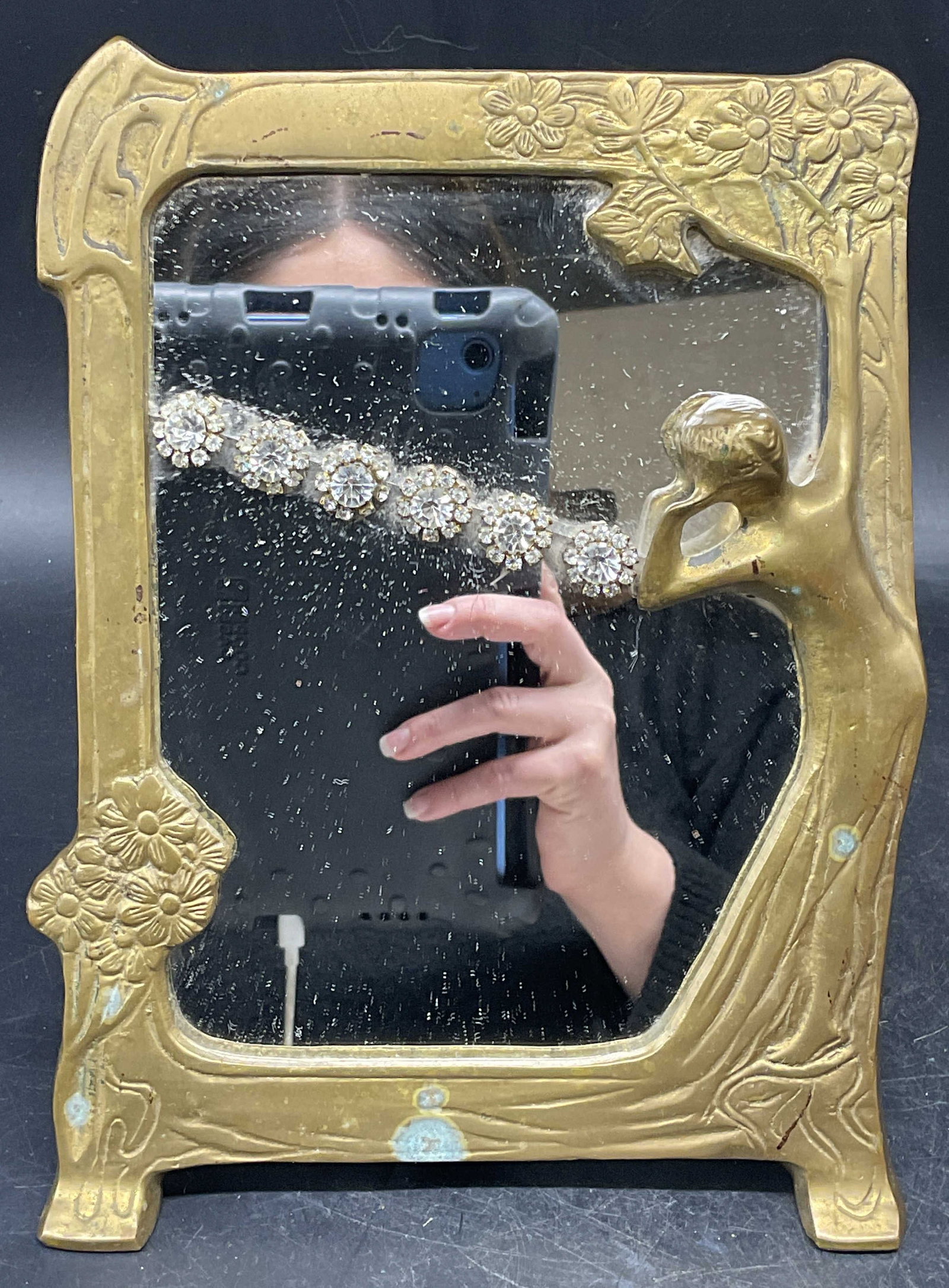 Art Nouveau Style Brass Rhinestone Vanity Mirror (1 of 6)