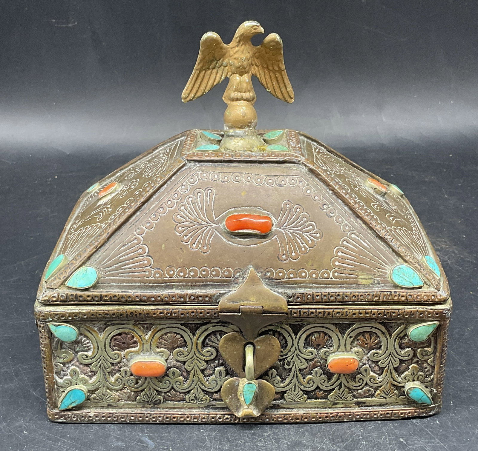 Vtg Brass Coral Turquoise Eagle Jewelry Box (1 of 6)