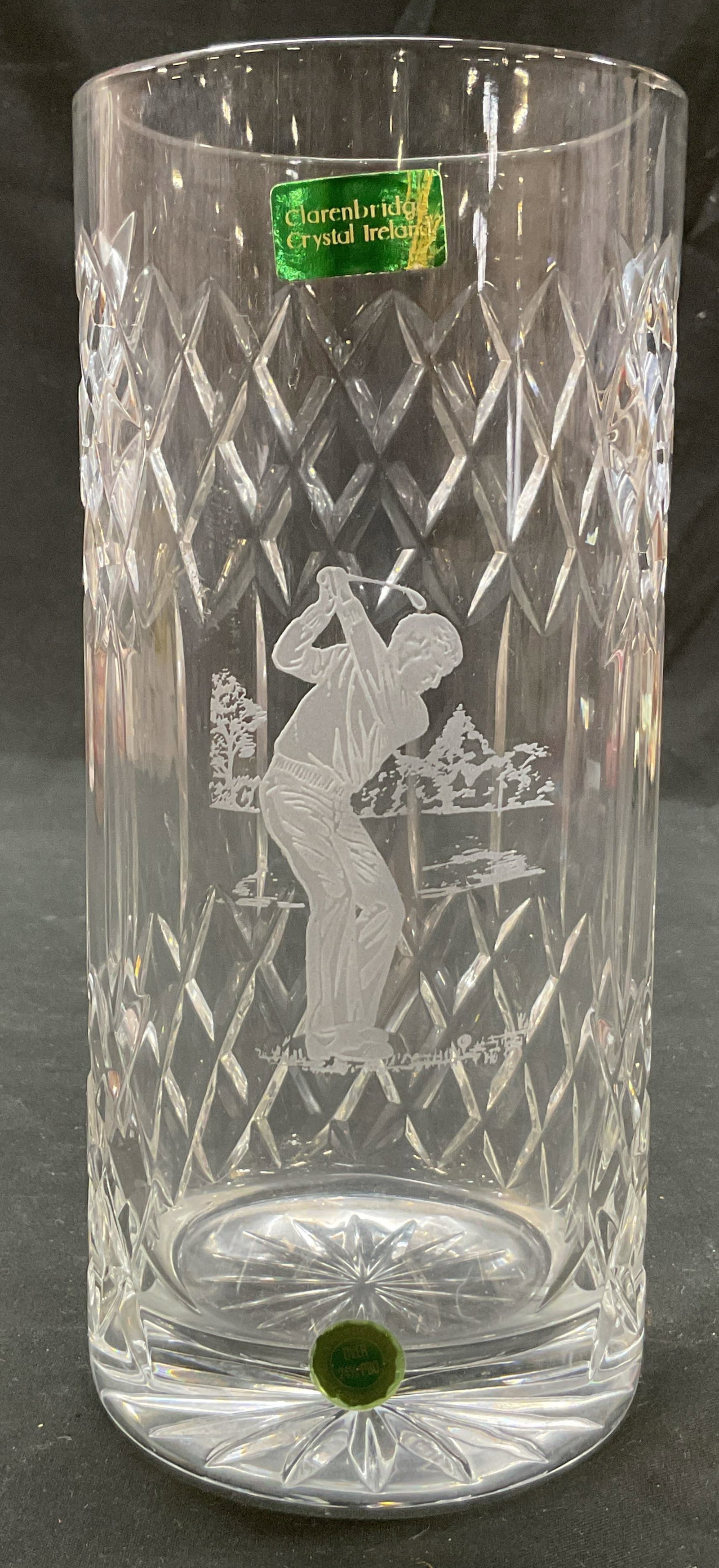 SGND Clarenbridge Crystal Golfer Vase Ireland: Clarenbridge cut crystal etched golfer vase. Signed Clarenbridge on underside. Sticker adhered to surface reads Clarenbridge Crystal Ireland, Fully Handcrafted Made In Ireland. Cylindrical shape. Cut