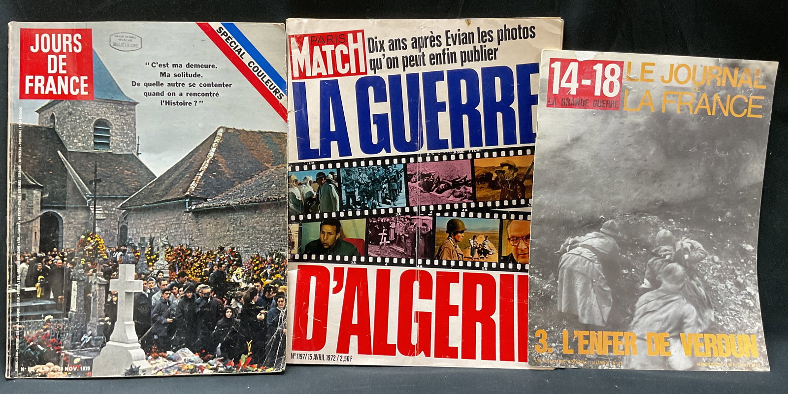Lot 3 1970s French Magazines Illustrated+: Lot of 3 French magazines. Le Journal De La France 14-18 La Grande Guerre, 1970. Paris Match, No 1197, April 1972. Jours De France, No 832, November 1970. Soft cover with illustrations. Text reads in
