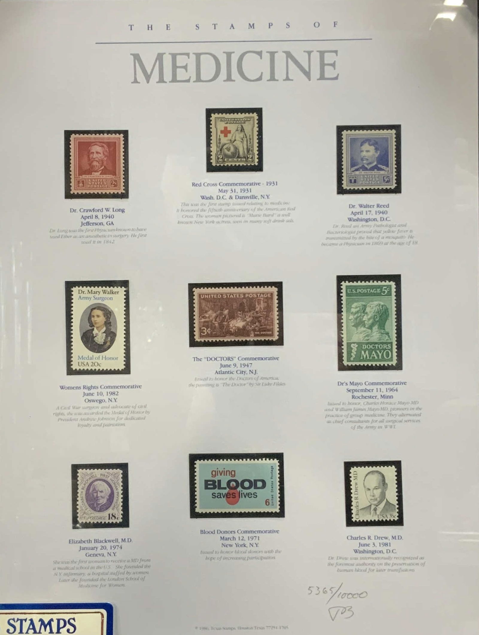 1986 The Stamps of Medicine Limit Ed Framed: The Stamps of Medicine features 9 United States Postal service stamps featuring various dates. Including, Dr. Crawford W. Long, Red Cross Commemorative, Dr. Walter Reed, Womens Right Commemorative, Th