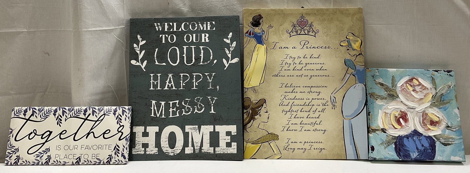 Lt 4 Disney Princess & More Wall Decor: Lot of 4 Disney Princess & More Wall Decor. Belle, Cinderella, and Snow White printed with glitter and I am a Princess message. Also features a Together sign, a Flower Print with Paint Swirls on Petal