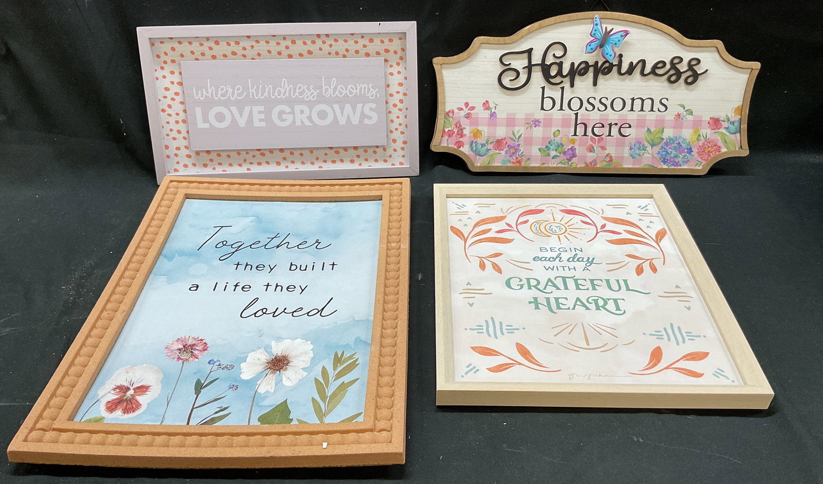 Lot 4 Wooden Wall Decor Signs Pioneer Woman+: Lot of 4 wooden wall decor signs. Inspirational home quotes. Quotes vary, as photographed here. Shape, size, color, vary. Lot includes sign marked Pioneer Woman. Largest measures approx 12 x 16 inches