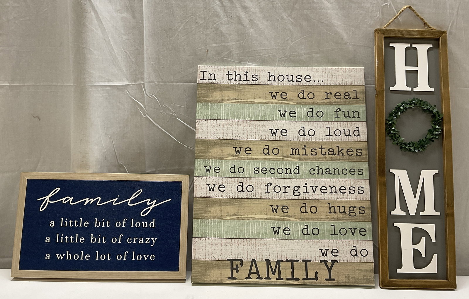 Lt 3 Family & Home Wall Decor: Lot of 3 Family & Home Wall Decor. Wooden and Canvas. Family, In This House, Home. Condition consistent with exposure. Tallest measures app 20in H x 16in L. Family Decor, Home Decor, Wall Decor, Famil