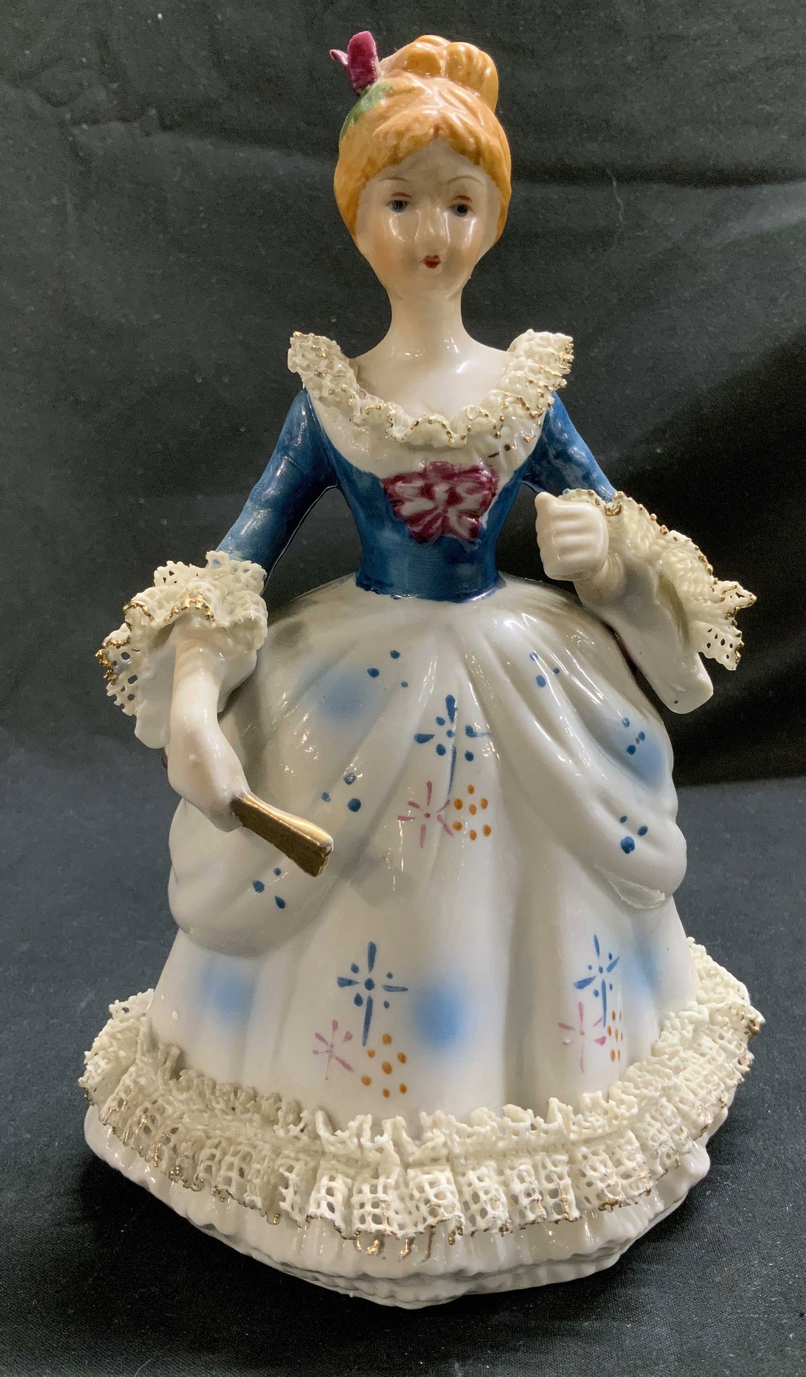 Vtg Victorian Lady Porcelain Figurine: Vintage porcelain figurine depicting a Victorian lady wearing a blue & white dress. Ruffled lace on cuffs & trim. No visible signature or markings. Surface wear consistent to age, use & exposure. Meas