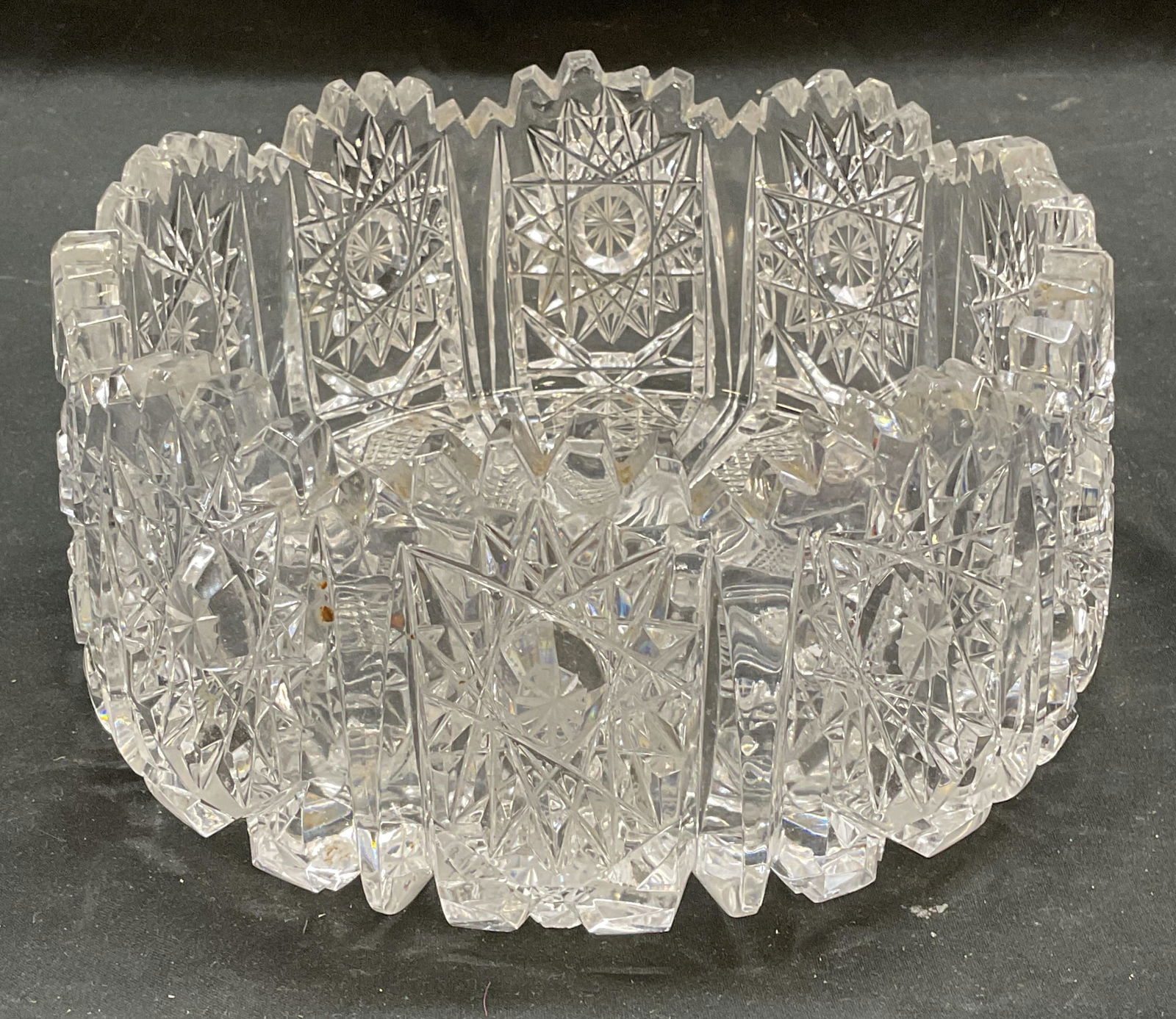 Vintage Hand Cut Crystal Hob Star Bowl: Vintage hand cut crystal bowl. Sawtooth rim. Hob star pattern. Measures approx 7 x 3.25 inches. Thick walled crystal, piece has weight. Some scratching and small chips. Crystal bowl, cut crystal bowl,