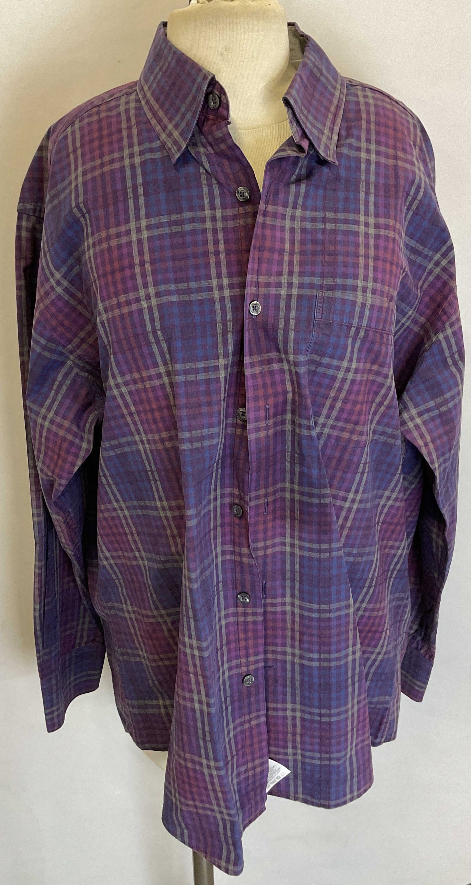 Alex Cannon Purple Flannel Button Down India: Alex Cannon purple flannel button down. Made in India. Size L. Cotton material. Long sleeve with buttons along the front. Collared. Purple and blue flannel pattern. Front pocket. Wear consistent with