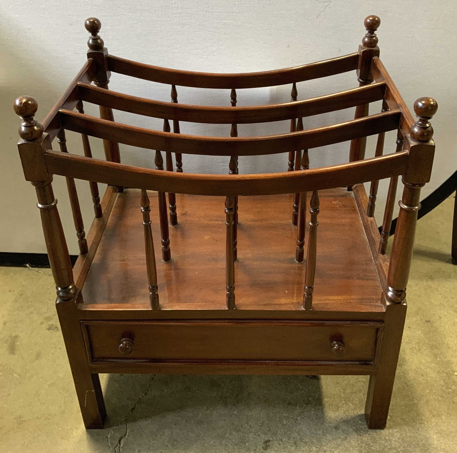 Vtg Georgian Style Wooden Magazine Rack: Vintage wooden magazine rack features divided compartments & single pull out drawer. Features round finials at top. Dark toned. Georgian Style. No visible signature or markings. Surface wear consisten