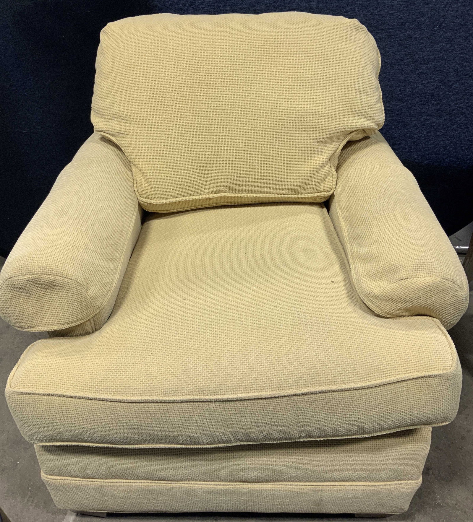 Calico Corners Vintage Yellow Lounge Chair: Calico Corners Custom Furniture club chair. Vintage lounge chair is yellow toned. Features back cushion & sits on 4 wooden feet. No visible signature or markings. Surface wear consistent to age, use &