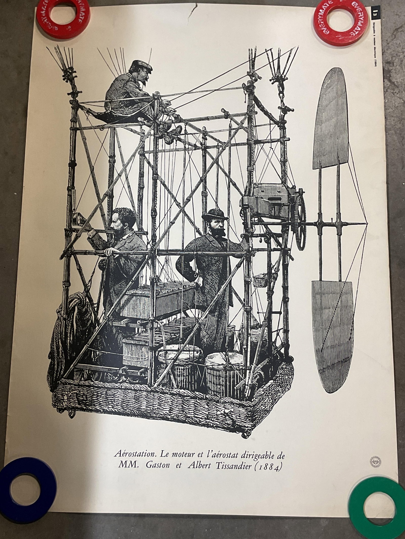1884 Gaston & Albert Tissandier Airship Poster36in: This poster depicts the electric powered airship developed by French brothers Gaston and Albert Tissandier. Poster reads in French, dated 1884. Imagery in black and white. Text reads as photographed h
