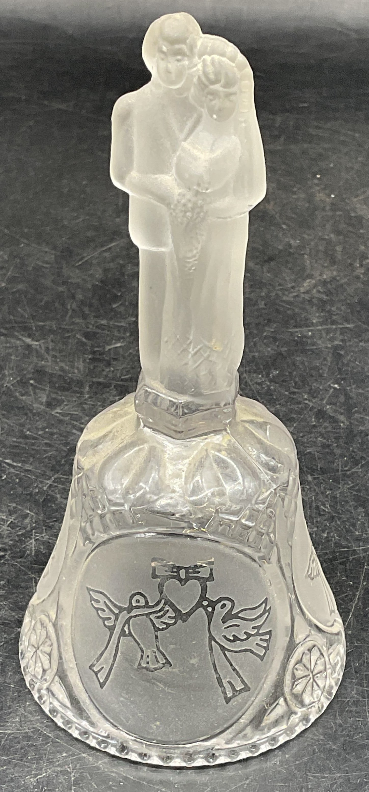Vintage Frosted Crystal Bride & Groom Bell: Vintage frosted crystal bell with bride and groom motif handle and love birds motif. Measures approx. 2.75 x 5.5 inches. Some scratching. Bride and groom bell, love bird bell, wedding bell, crystal be