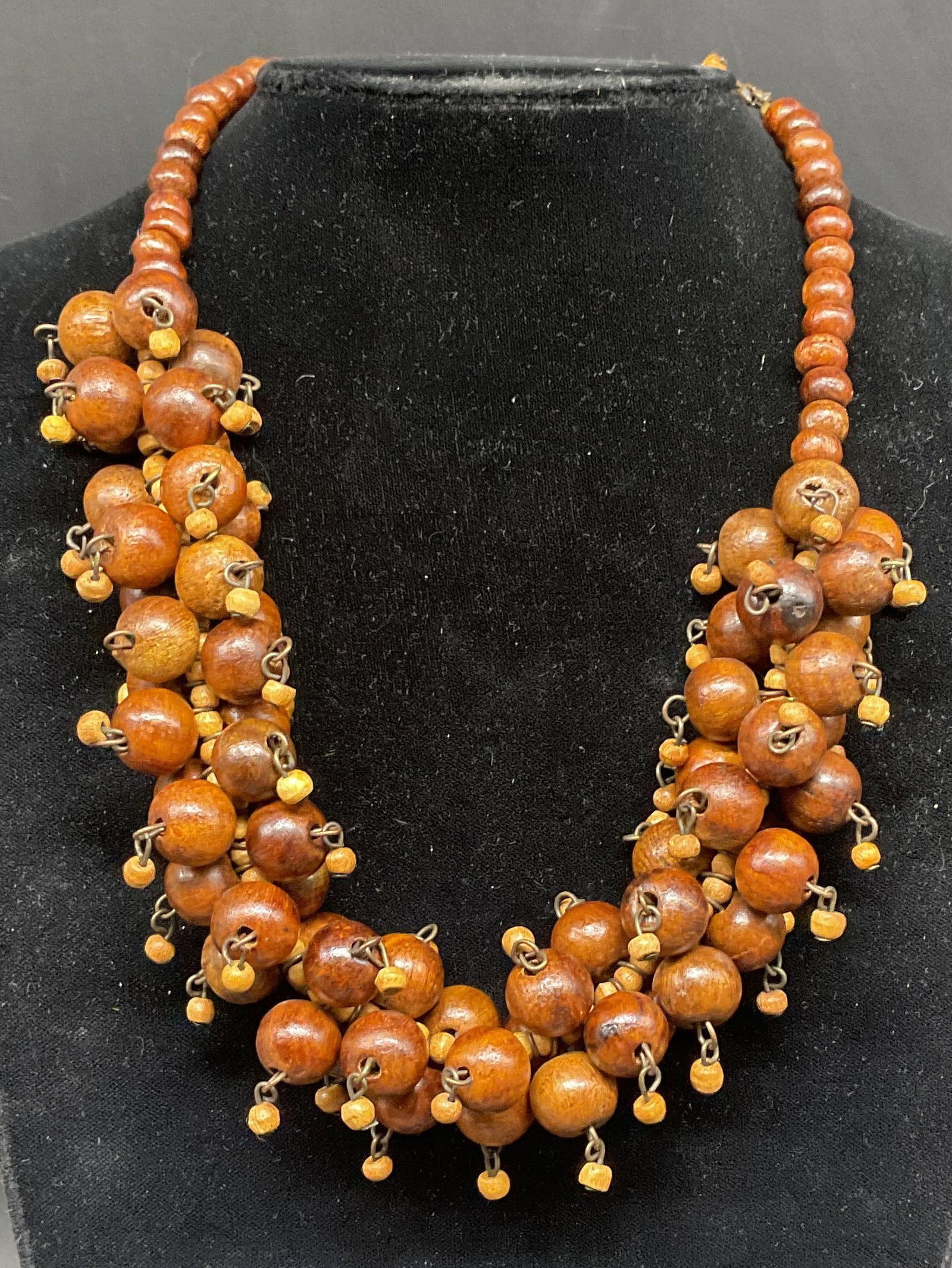Vintage Wood Beaded Cluster Necklace: Vintage wood beaded cluster necklace. Drop length measures approx. 8.5 inches. Some scratching. Jewelry, estate jewelry, costume jewelry, cocktail jewelry, fashion jewelry, accessories, fashion access