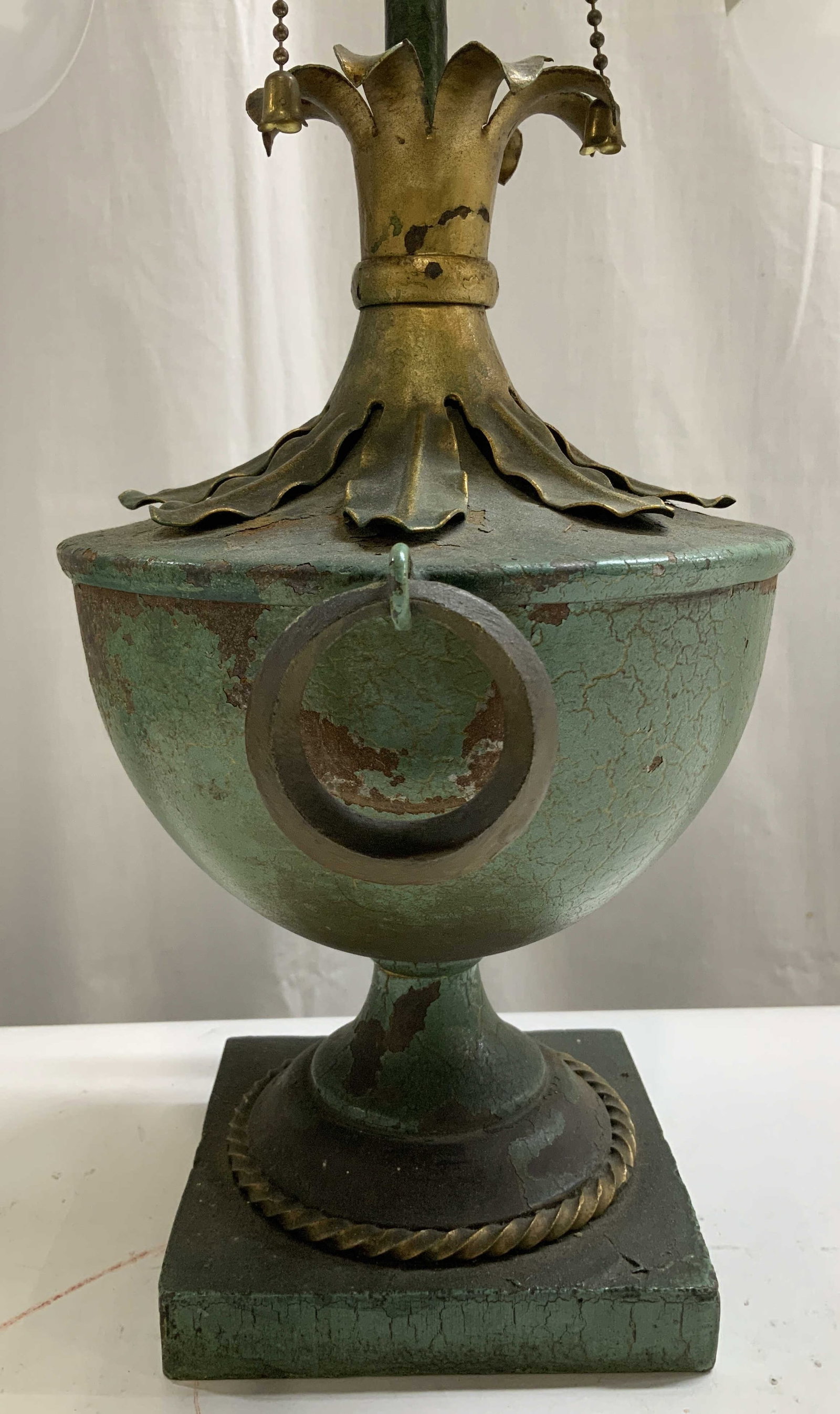 Vtg Art Deco Style Two Light Table Lamp: Vintage table lamp features a classical urn form & applied ring handles on sides. Gilt leaf motifs & rope twist detailing at base. Metal material. No visible signature or markings. Surface wear consis