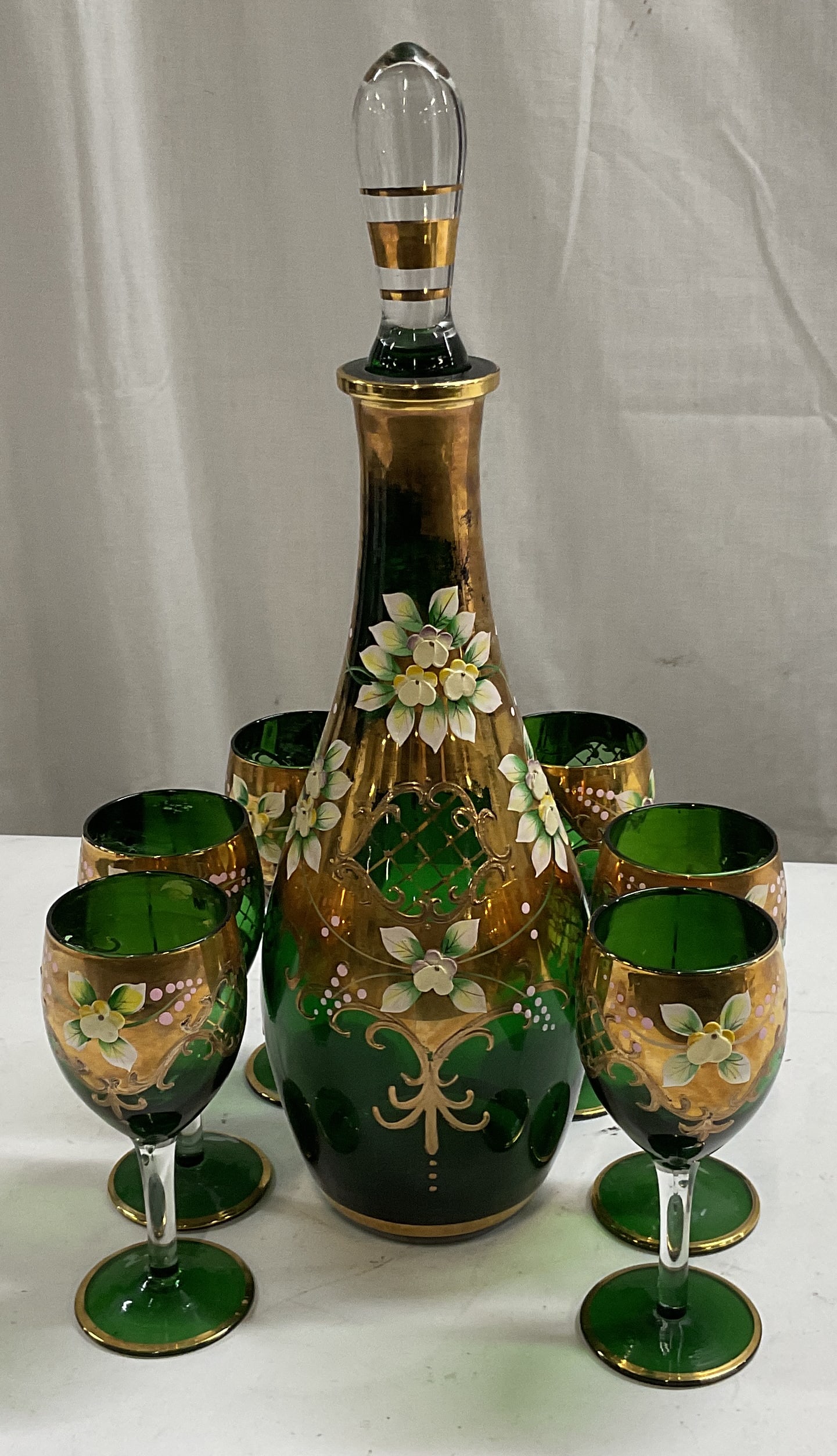 Vintage Enamel Green Bohemian Glass Decanter Set (1 of 10)