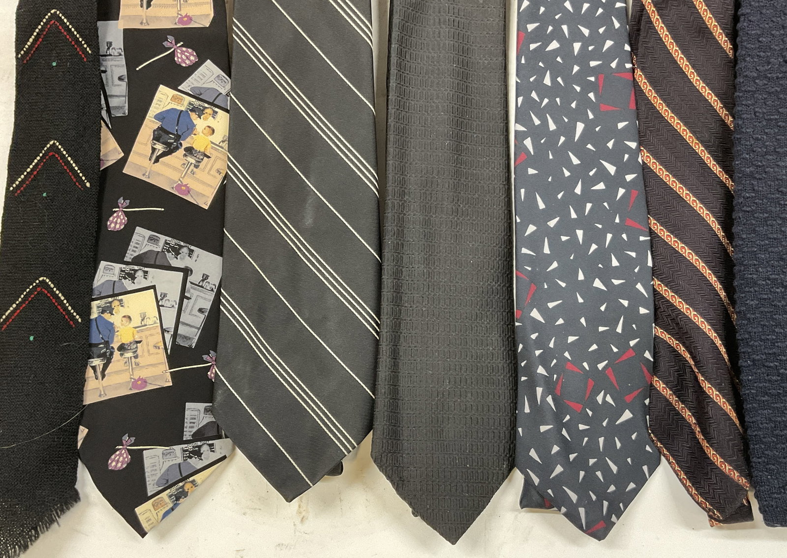 Lot 7 Savile Row+ Neck Ties & Accessories Canada+: Lot of 7 neck ties and accessories. Brands include The Saturday Evening Post (silk, hand sewn in Canada), Hahne & Co. (silk, USA), Savile Row (silk), El Grandee Fred Harvey (wool, New Mexico), and Ita