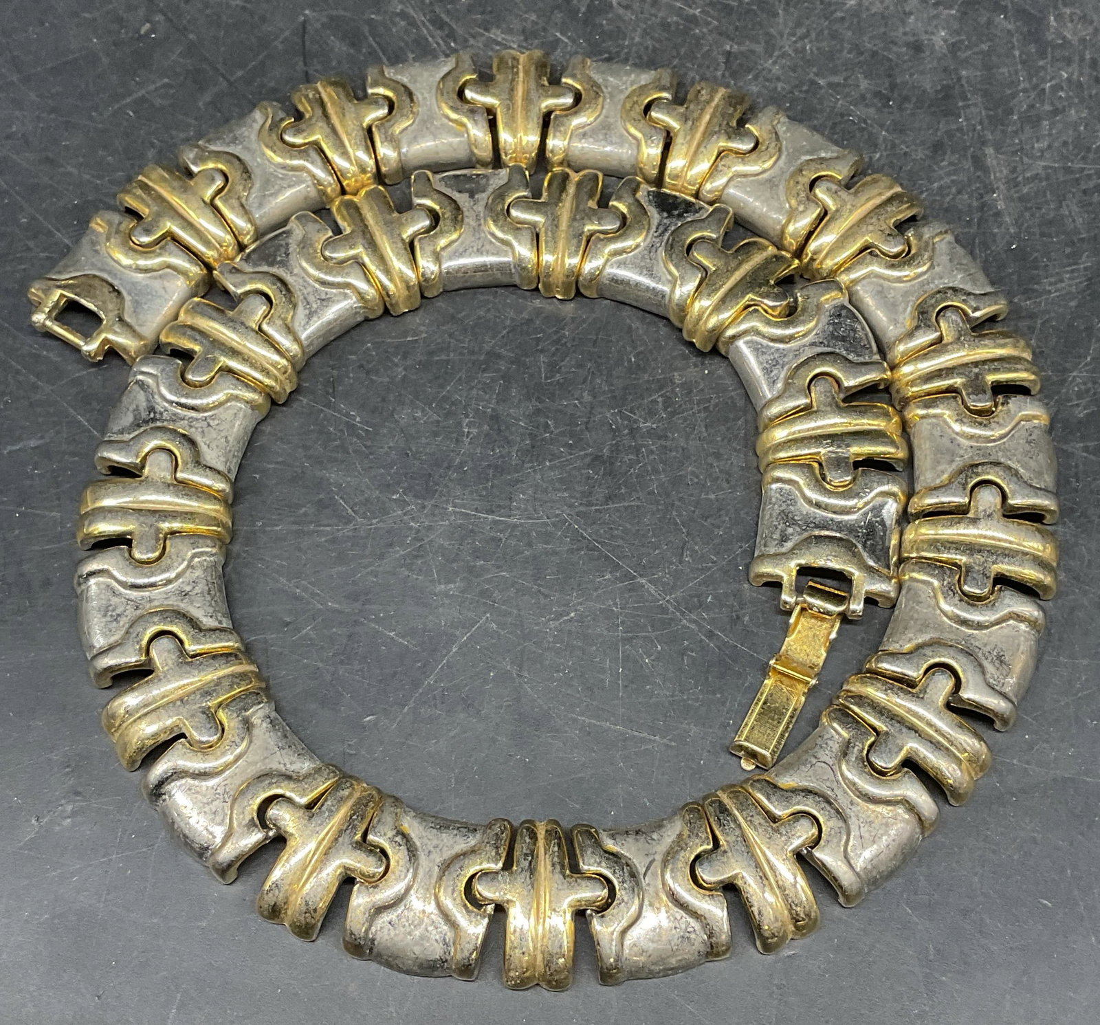 Vintage Gold & Silver Tone Necklace: Vintage gold and silver tone panel necklace. Drop length measures approx. 7.5 inches. Some scratching. Jewelry, estate jewelry, costume jewelry, cocktail jewelry, fashion jewelry, accessories, fashion