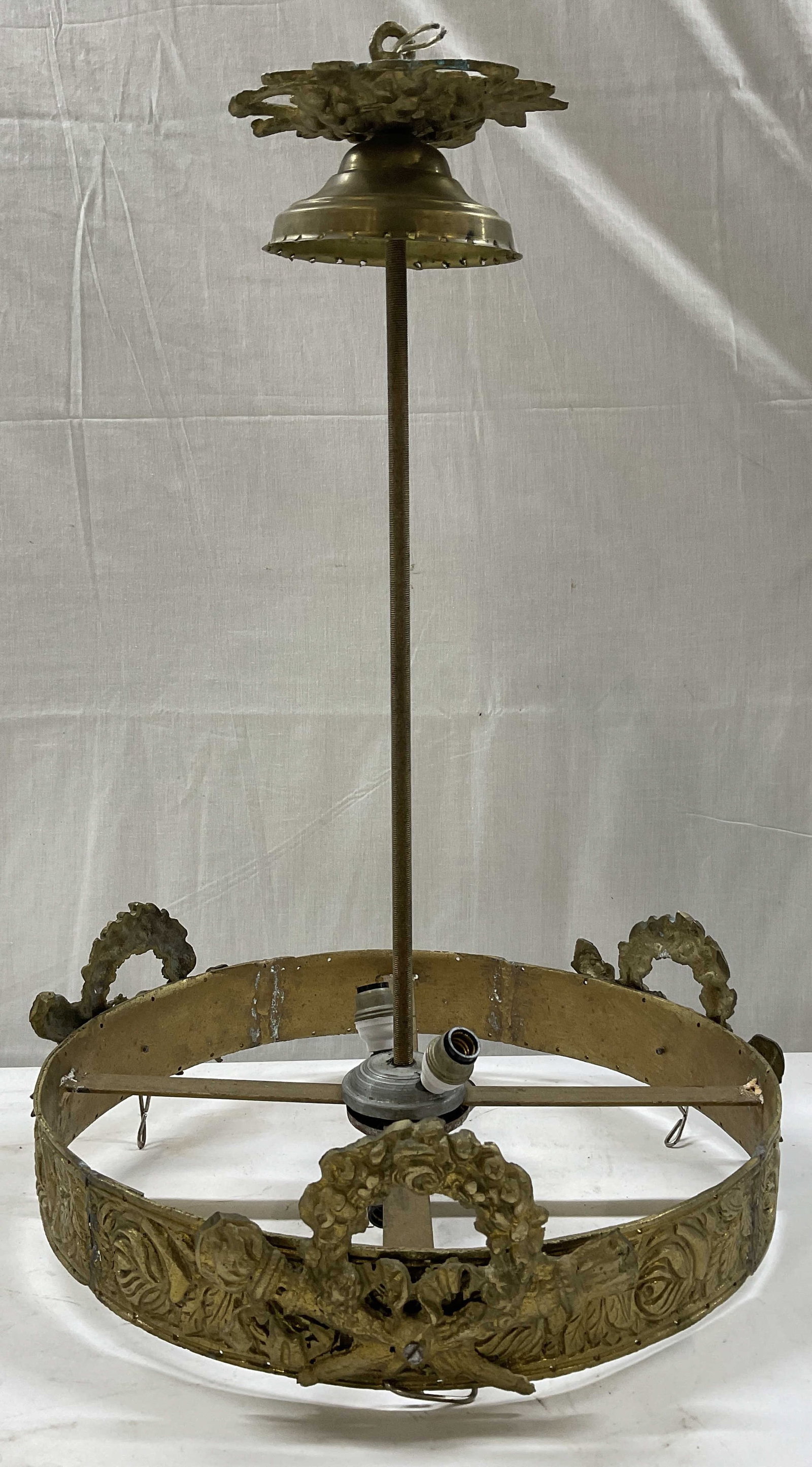 VTG Art Deco Brass Chandelier 22in: VTG Art Deco Brass Chandelier. Ornate floral designs engraved. Surface wear to metal consistent with exposure. Not tested for functionality. Measures app 22in H x 13.5in diameter. Vintage, Vintage Cha