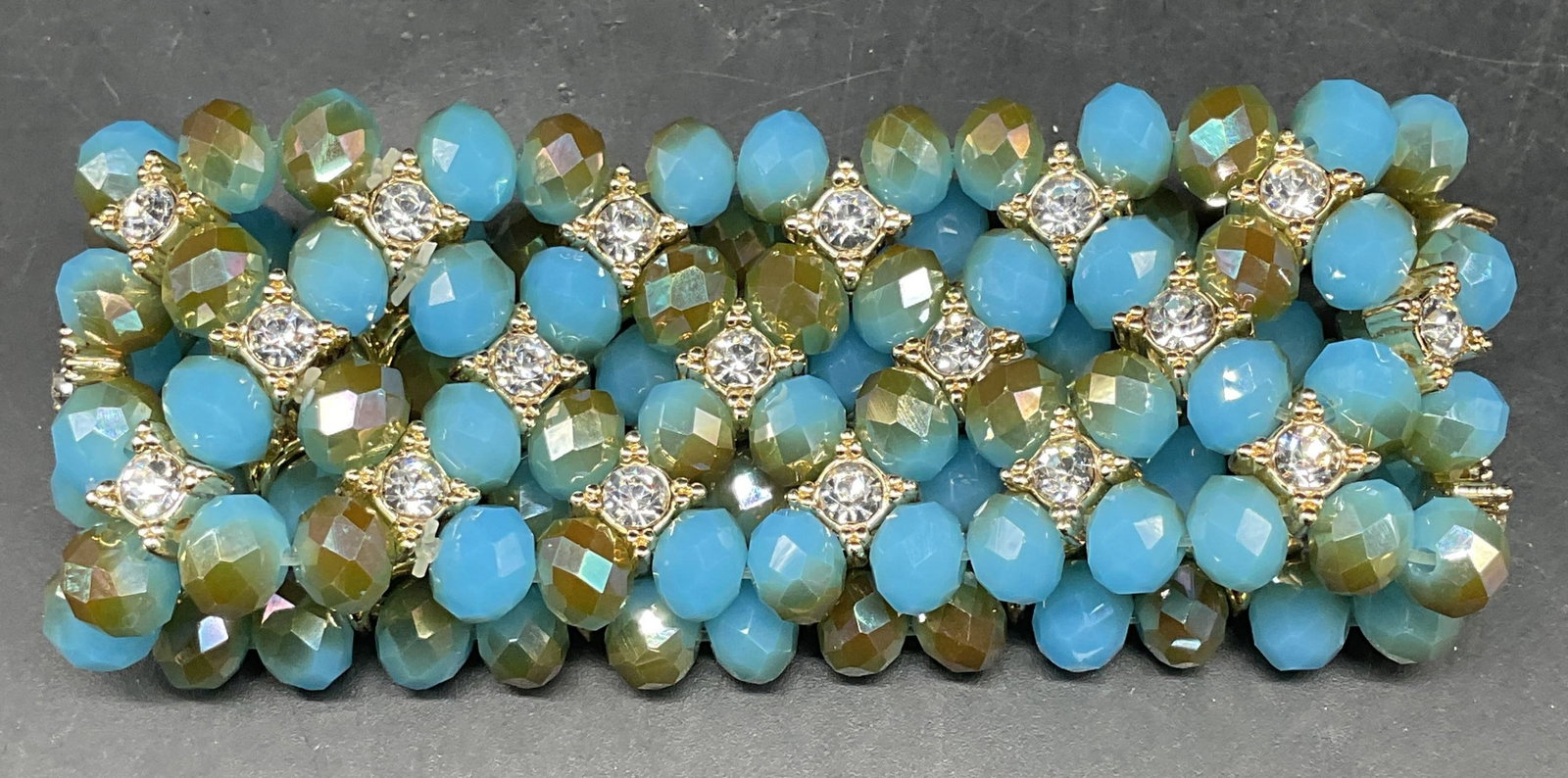 Blue Crystal Beaded Mesh Bracelet: Blue crystal beaded mesh stretch band bracelet. Measures approx. 2.25 inches wide. Some scratching. Jewelry, estate jewelry, costume jewelry, cocktail jewelry, fashion jewelry, accessories, fashion ac