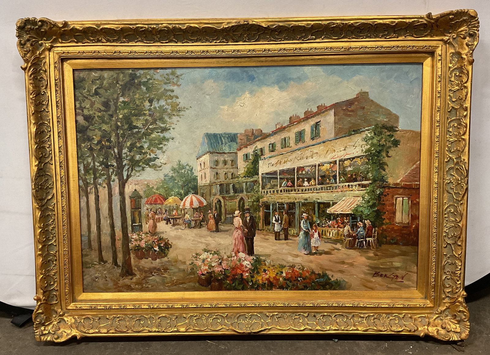 Framed Signed Street Scene Oil Painting 44.5 In (1 of 7)