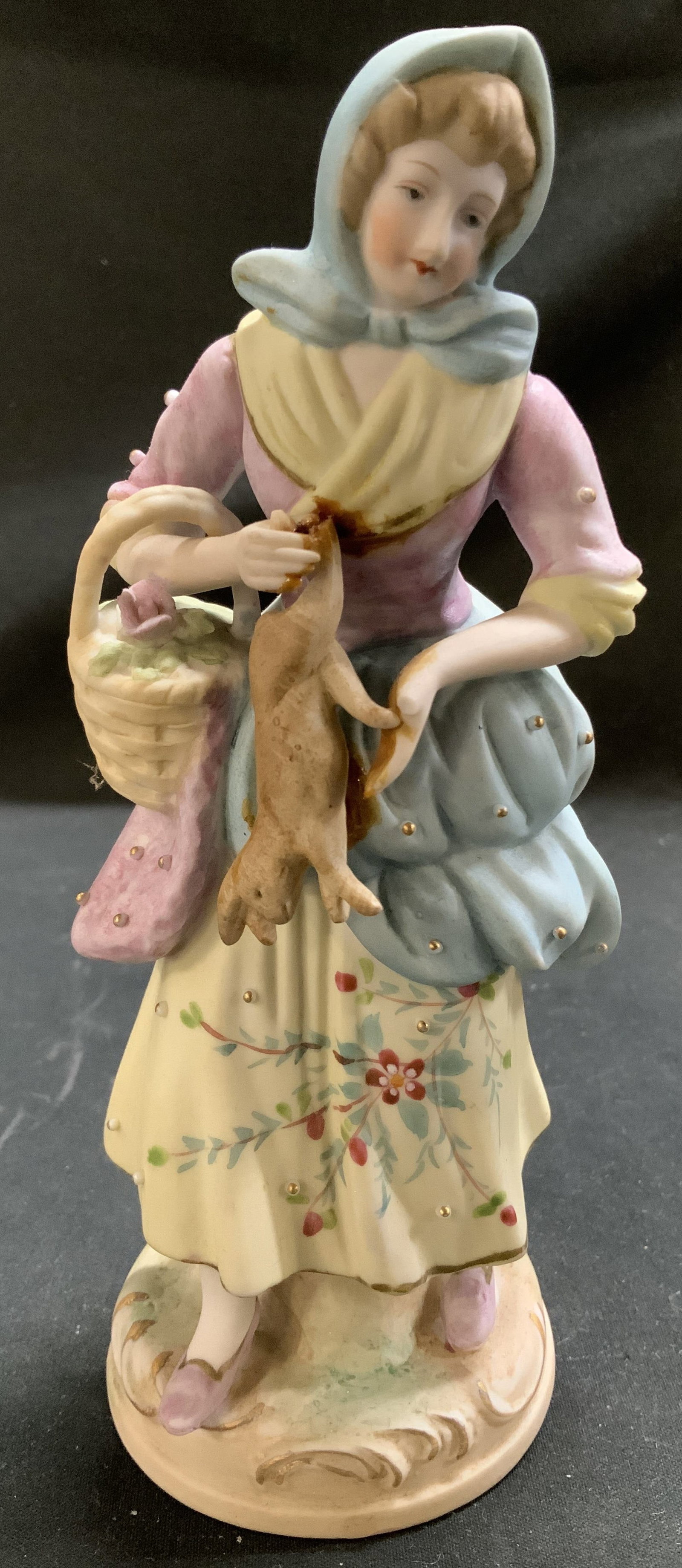 Vtg Maruyama Peasant Woman Porc Fig JAPAN: Vintage porcelain figurine depicting a peasant woman holding a basket & a rabbit. Hand painted details. Round base. Signed & marked on underside. Reads, MARUYAMA JAPAN. Surface wear consistent to age,