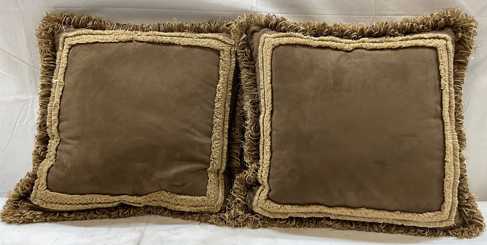 Pair Suede Brown & Tan Fringed Throw Pillows (1 of 7)