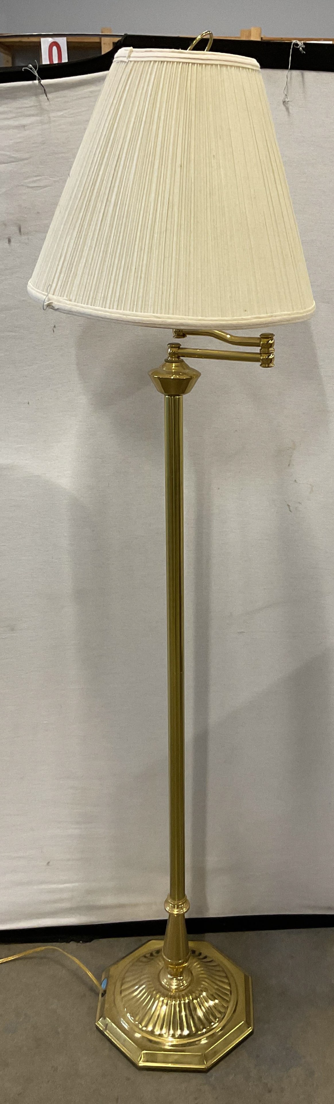 Vtg Brass Toned Swing Arm Floor Lamp W Shade 59in (1 of 10)